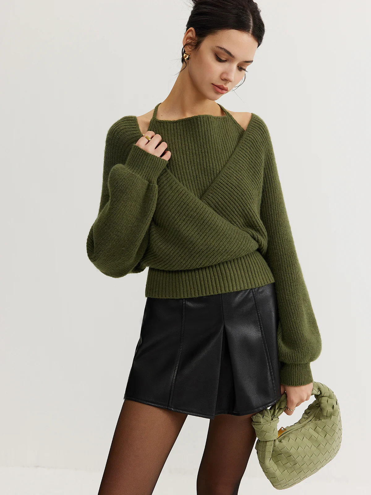 2 in 1 Bat Sleeve Halter Knit Top - Image 5