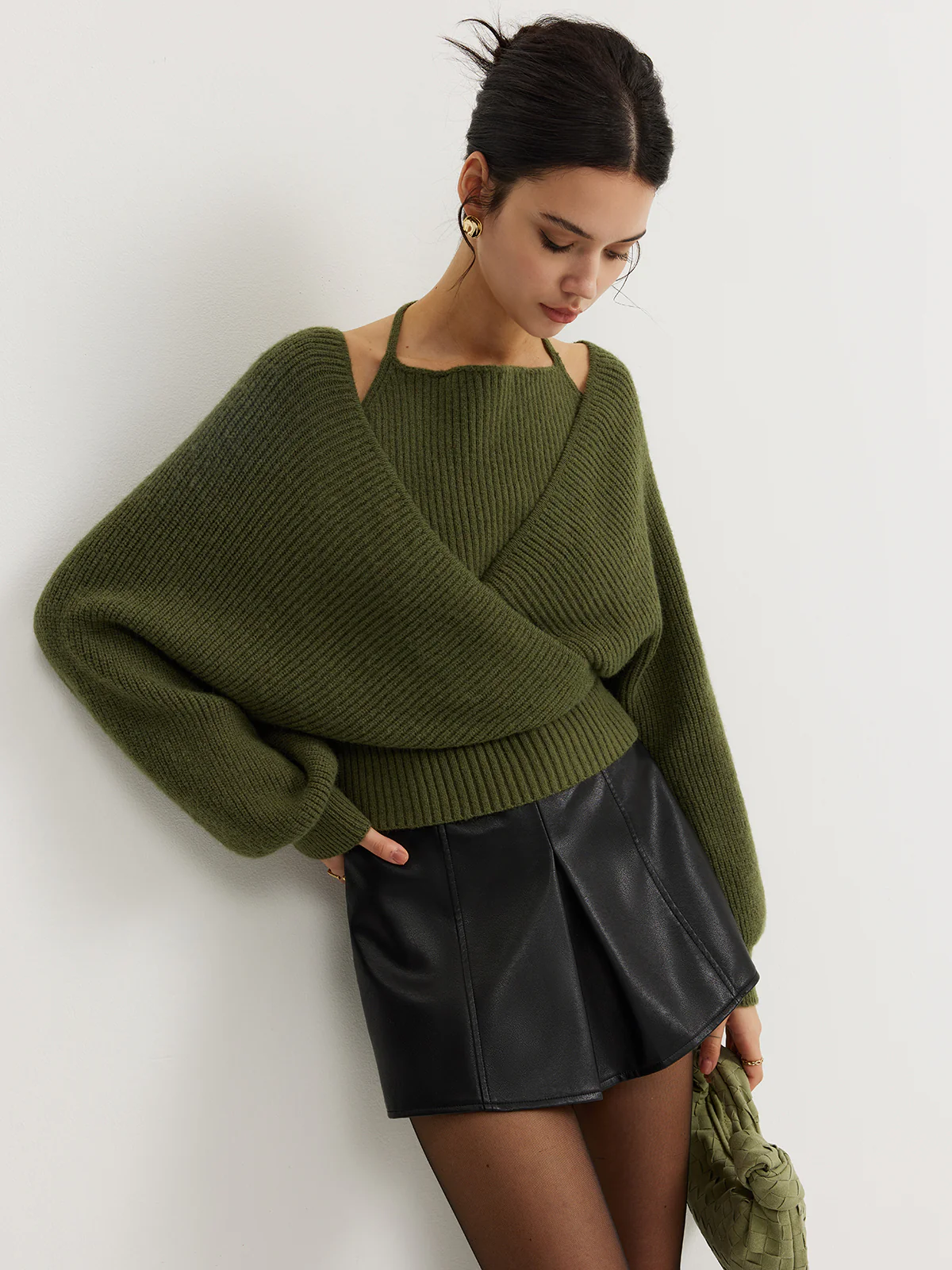 2 in 1 Bat Sleeve Halter Knit Top - Image 6