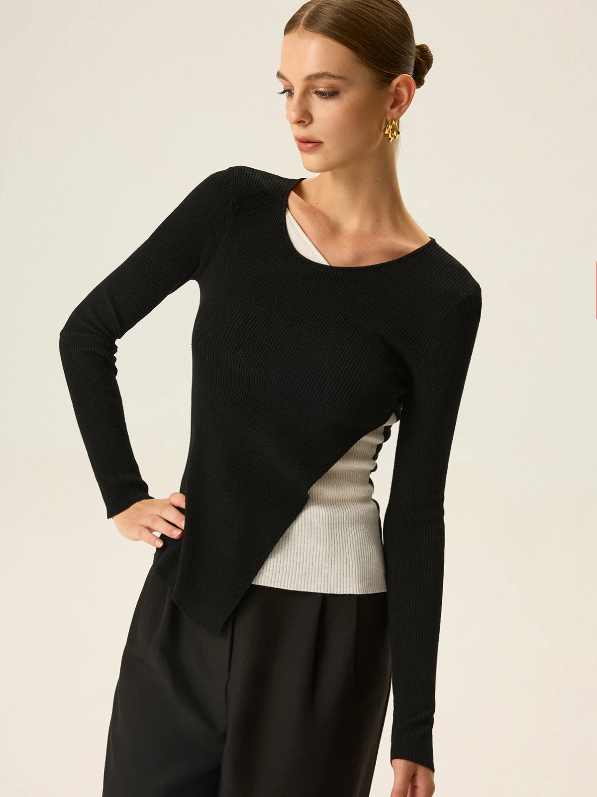 2 in 1 Color-Block Asymmetric Ribbed Knit Top - Image 2