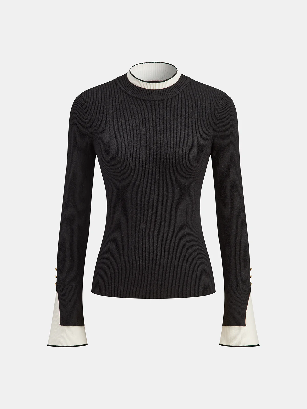 2 in 1 Contrast Cuff Mock Neck Ribbed Knit Top - Image 2