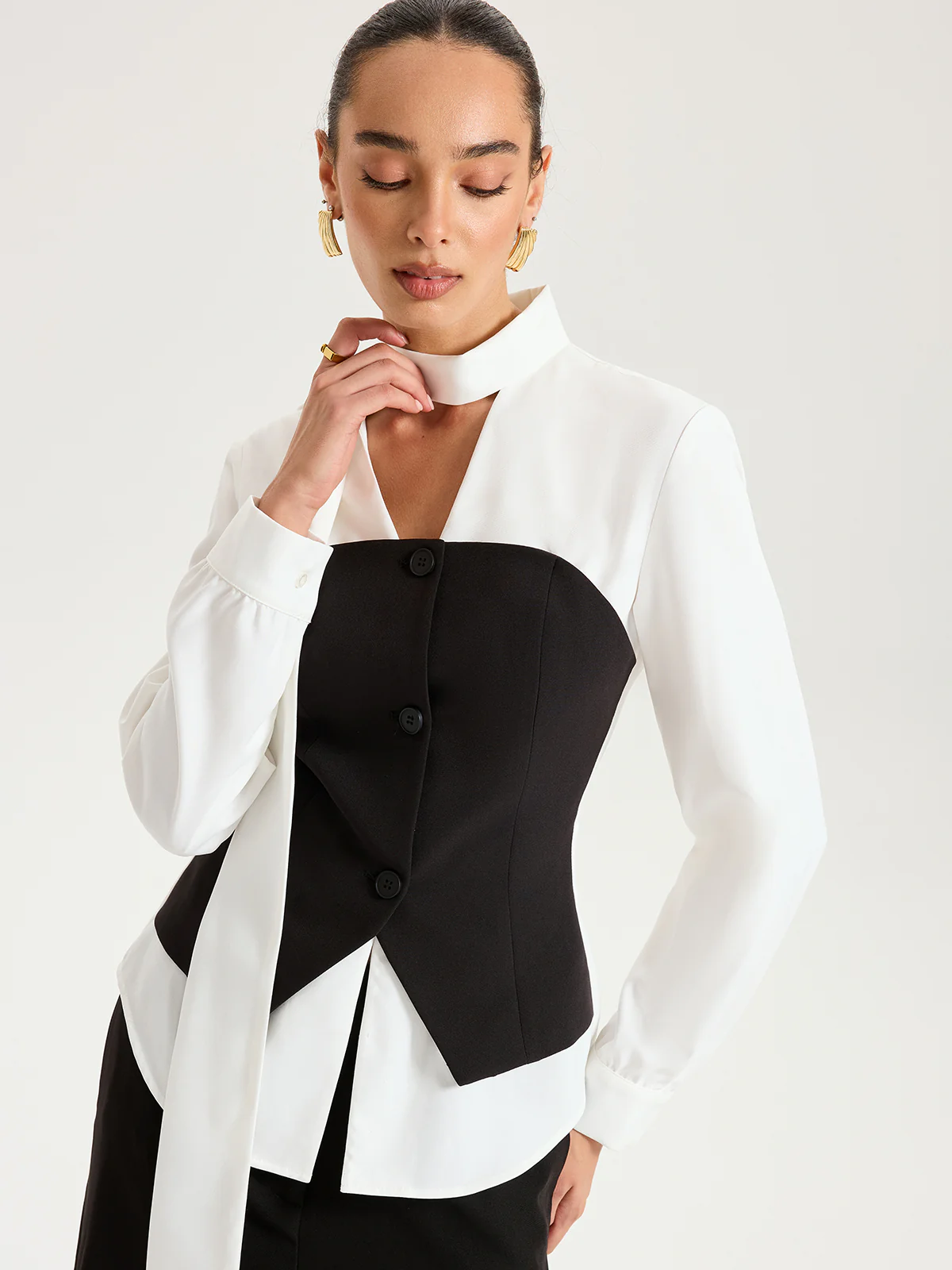 2 in 1 Contrast Panel Tie-Neck Blouse - Image 2