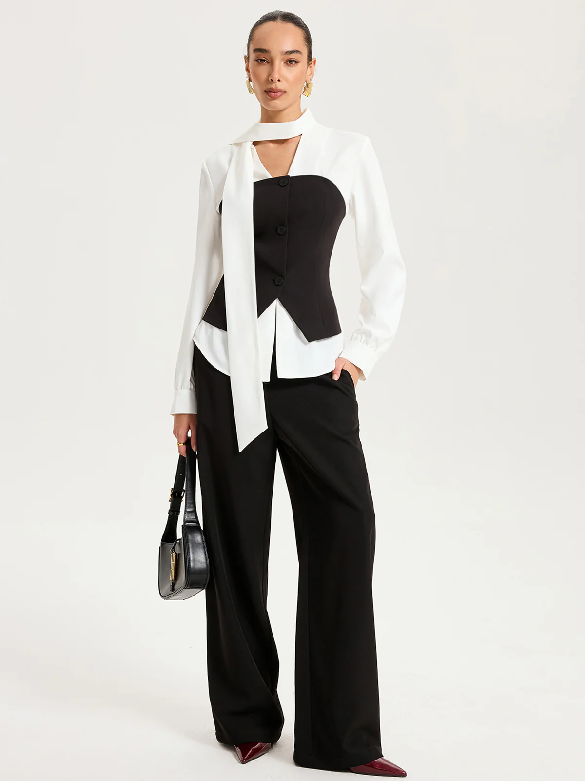 2 in 1 Contrast Panel Tie-Neck Blouse - Image 3
