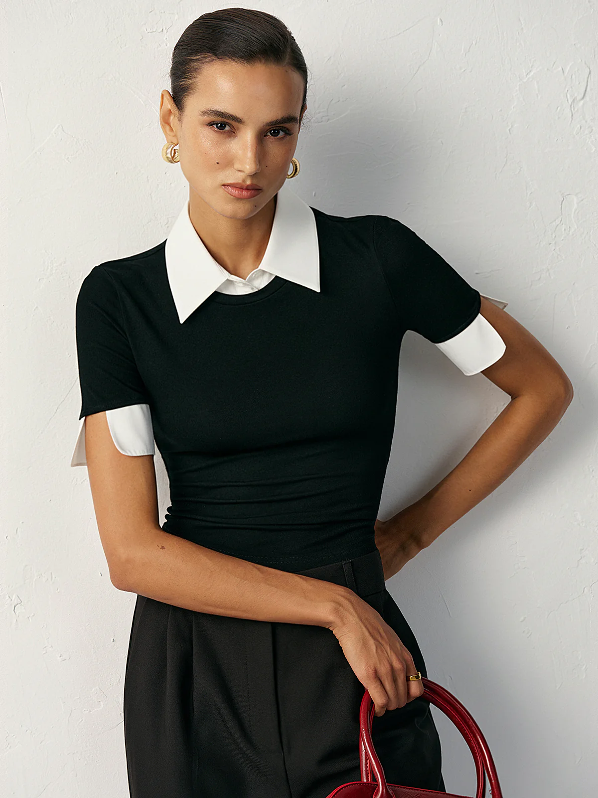 2 in 1 Paneled Collar And Cuffs Fitted T-Shirt - Image 8