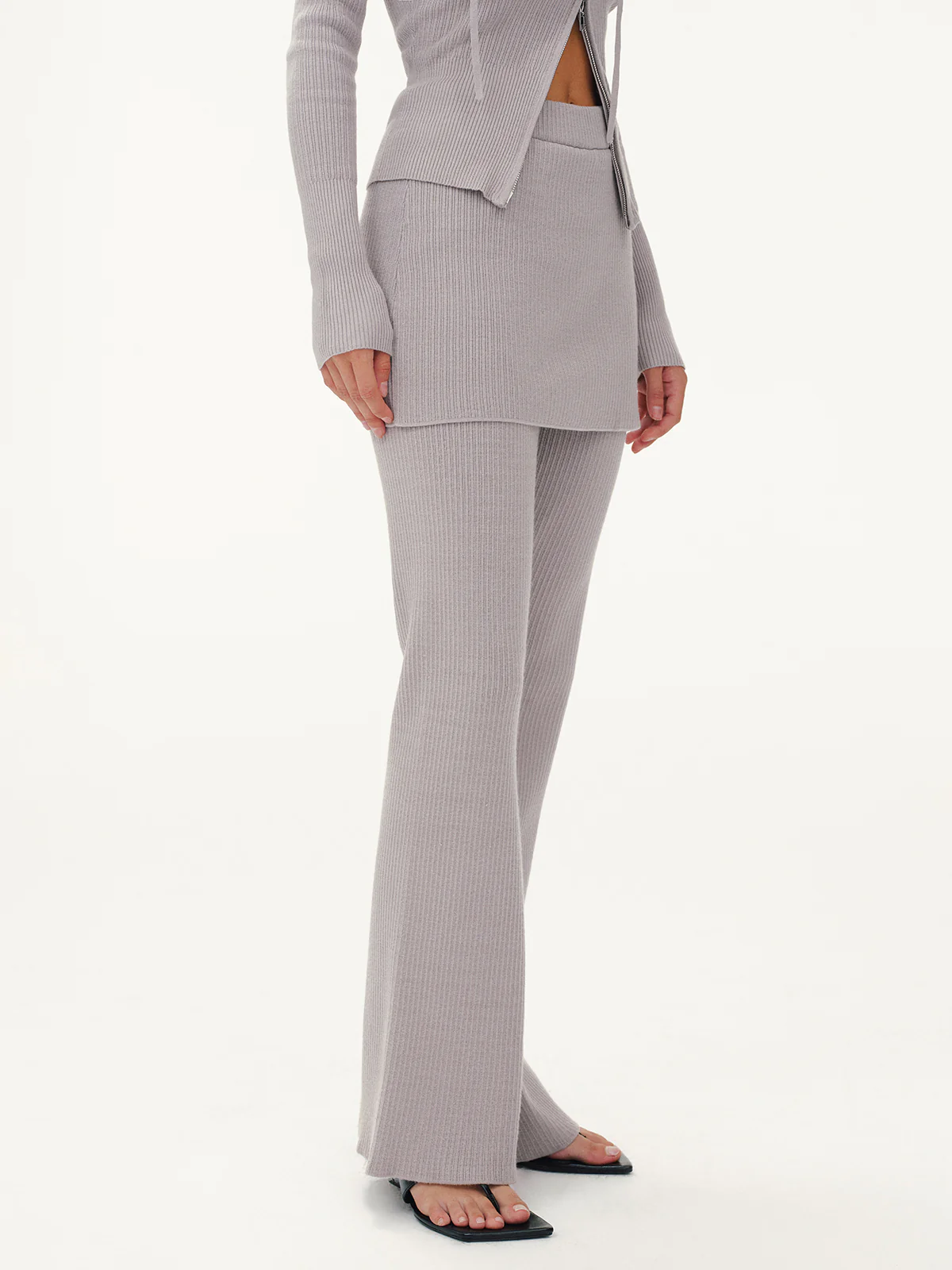2 in 1 Ribbed Knit Layered Flared Pants - Image 4