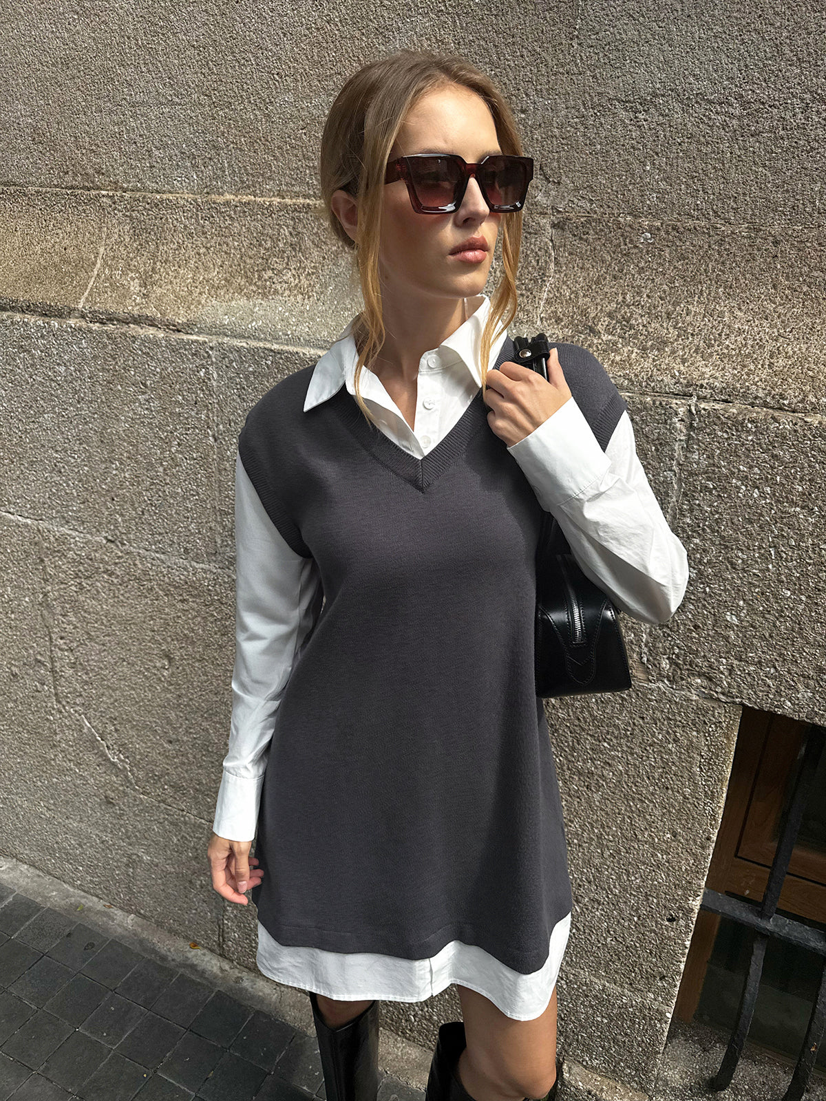 2 in 1 Shirt Paneled Knit Mini Dress - Image 4