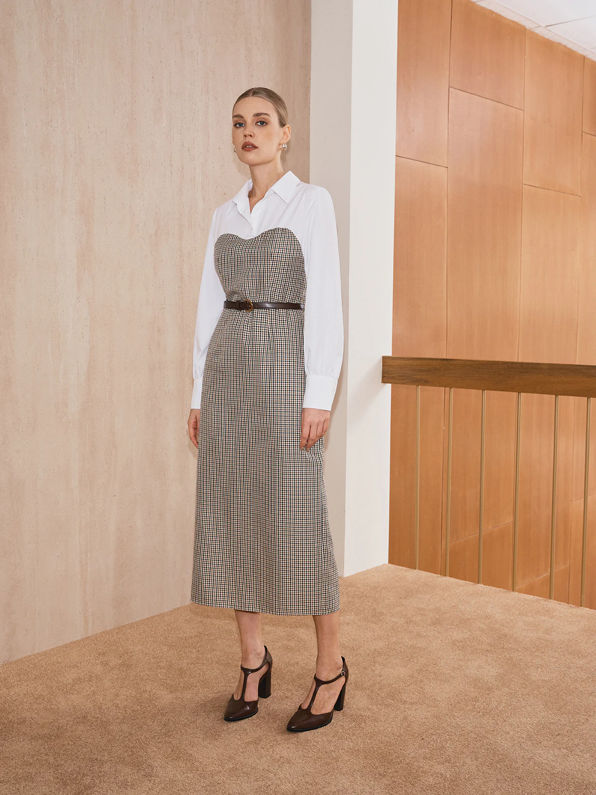 2 in 1 Shirt Plaid Panel Midi Dress with Belt - Image 2
