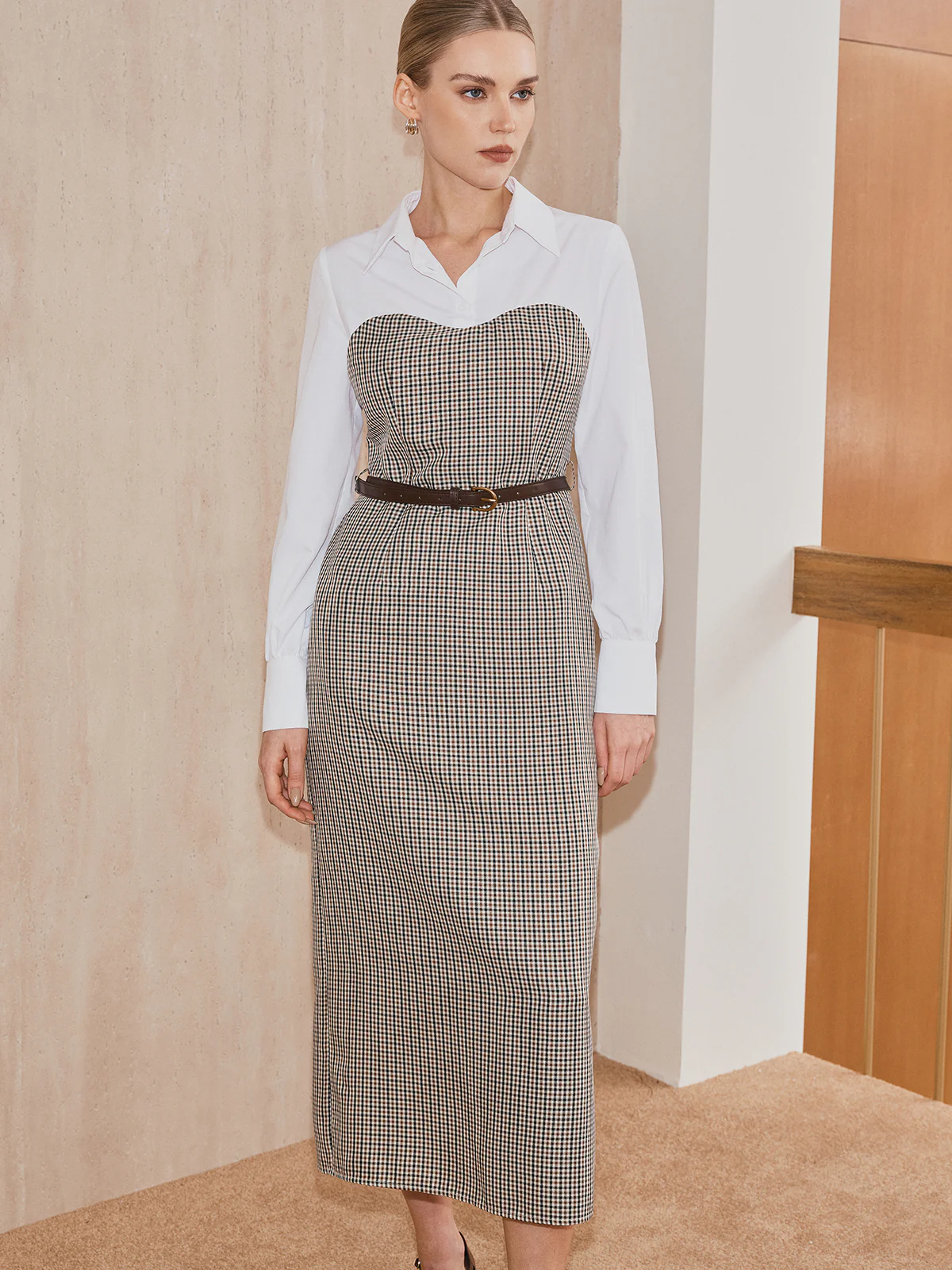 2 in 1 Shirt Plaid Panel Midi Dress with Belt - Image 3