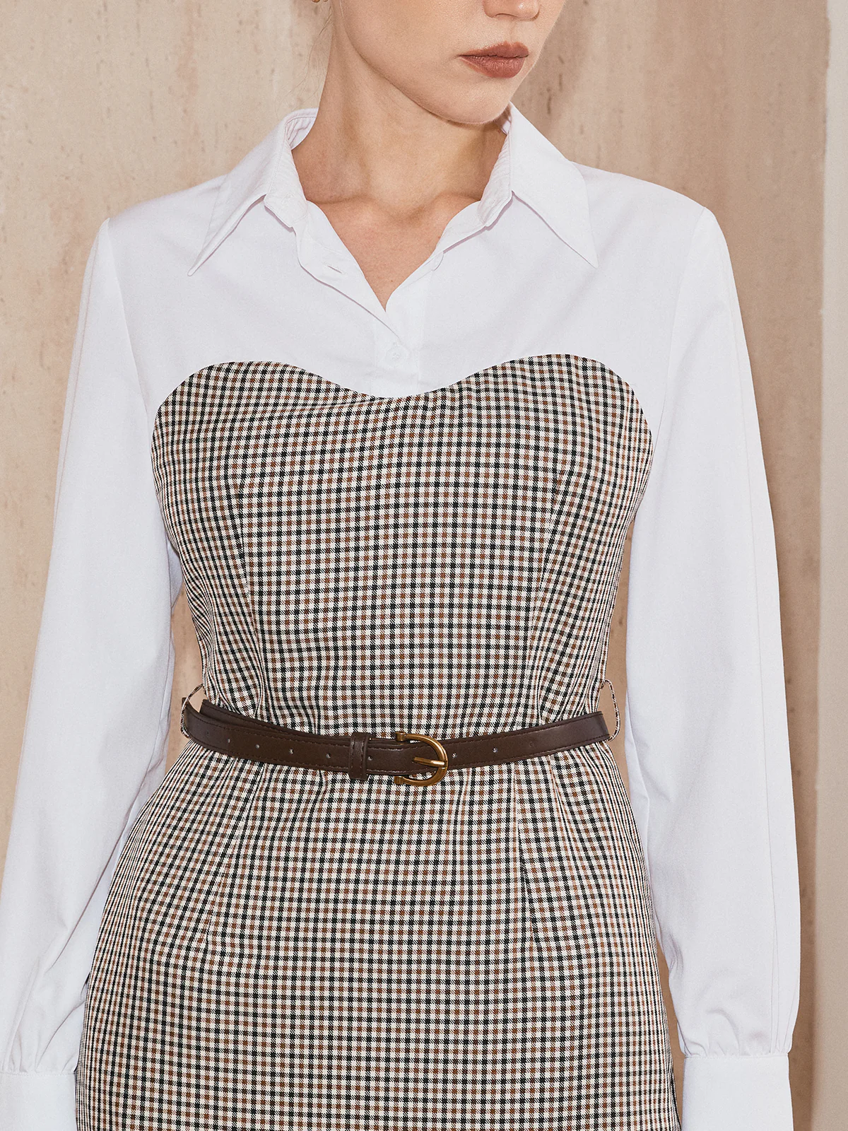 2 in 1 Shirt Plaid Panel Midi Dress with Belt - Image 5