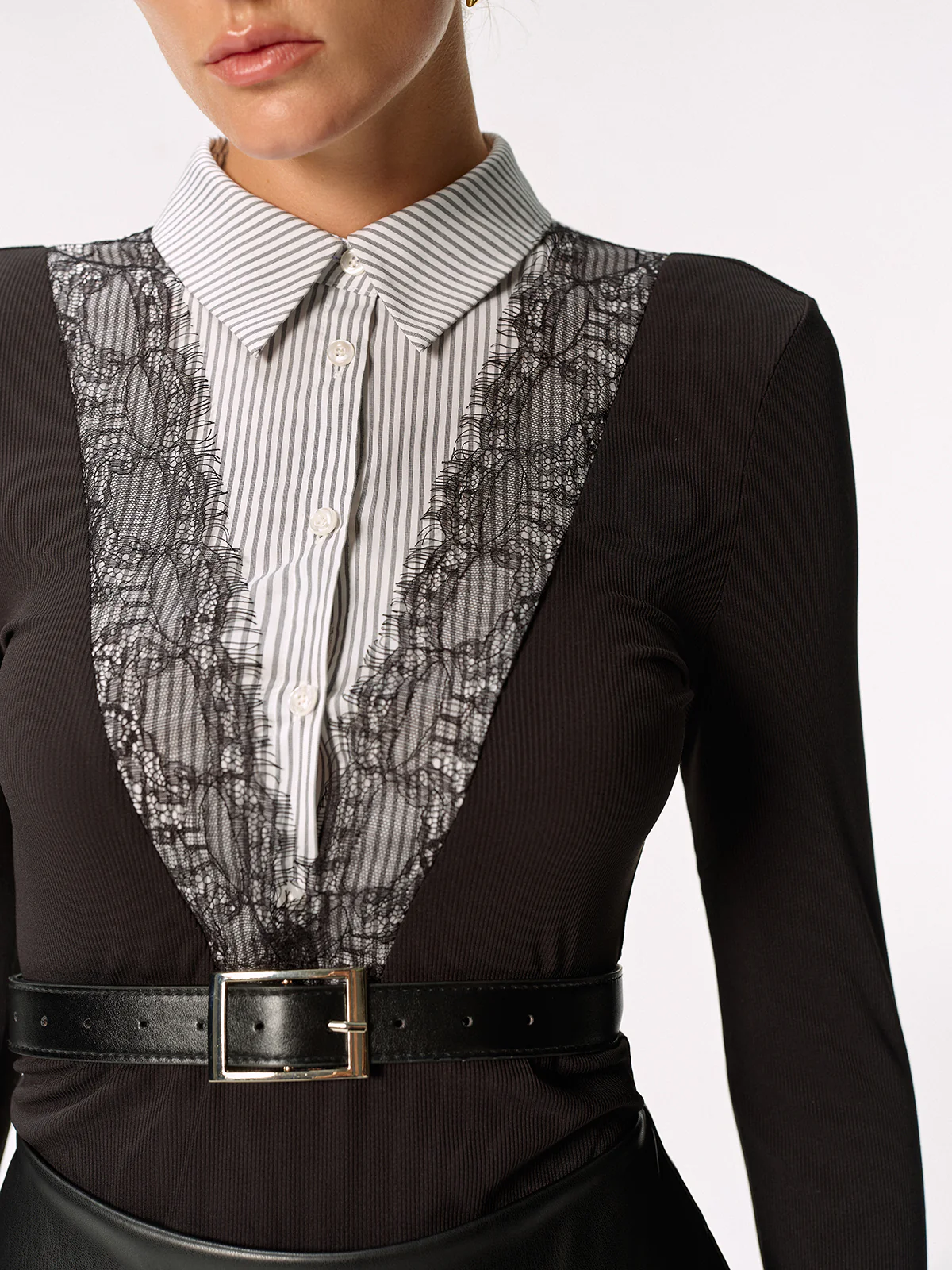 2 in 1 Striped Collar Lace Trim Shirt without Belt - Image 6