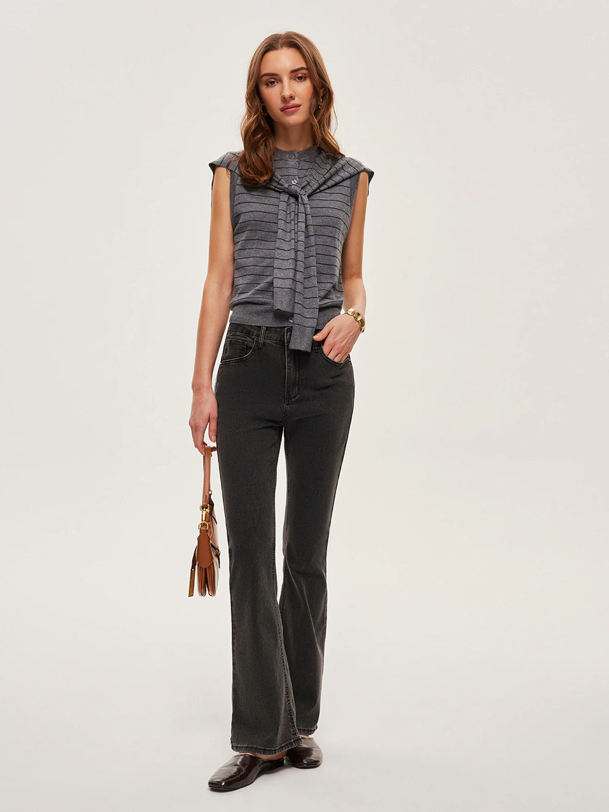 2 In 1 Striped Knotted Button Sleeveless Sweater Vest - Image 2
