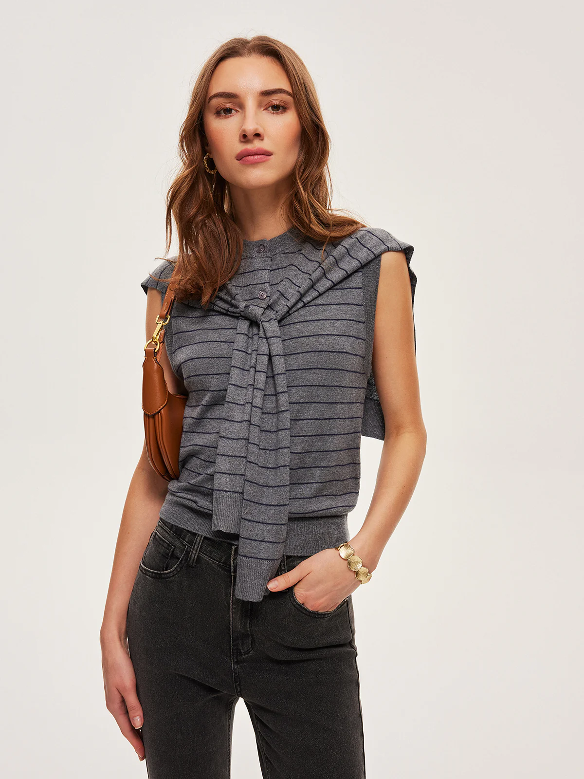 2 In 1 Striped Knotted Button Sleeveless Sweater Vest - Image 3