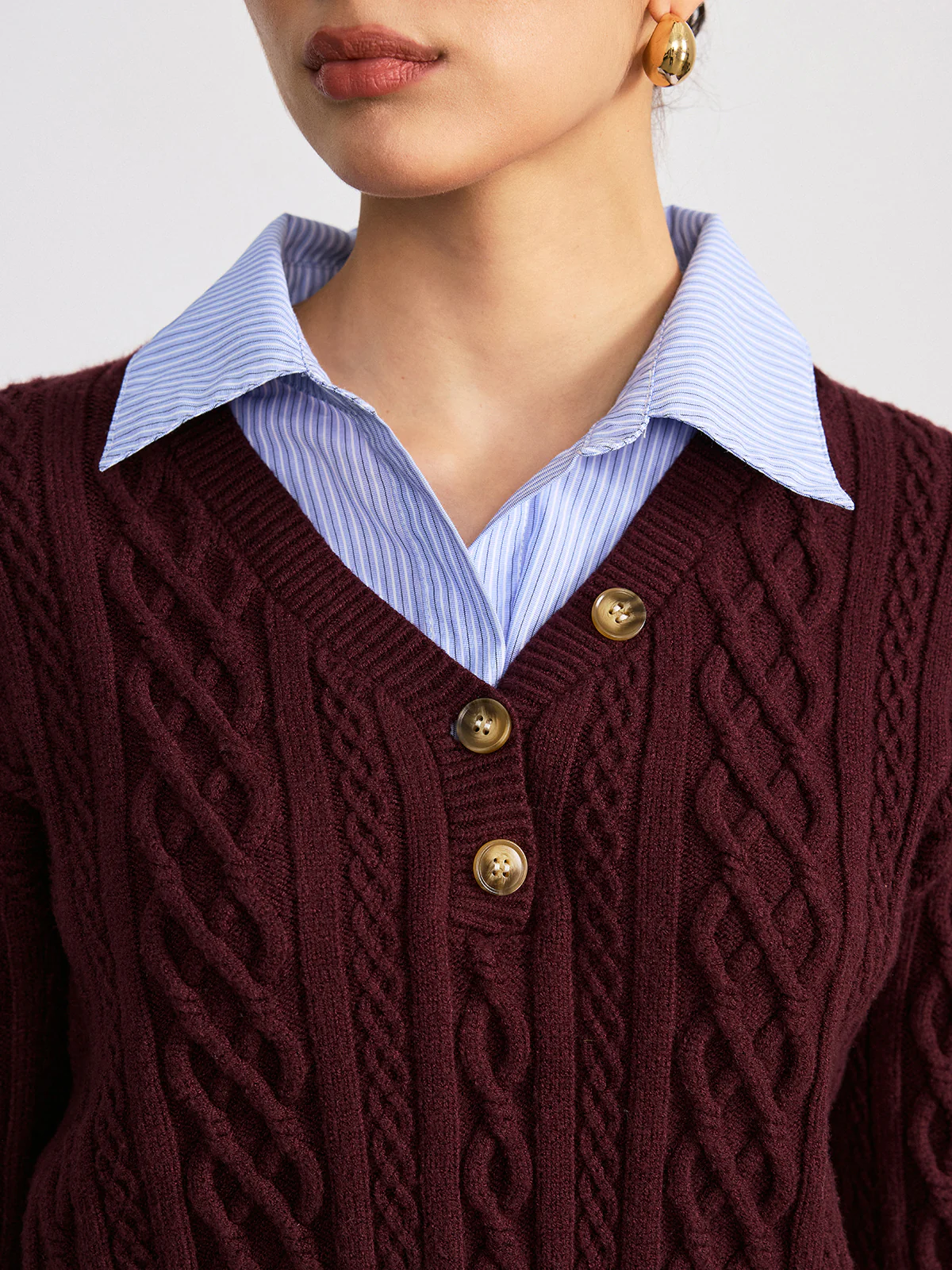 2 in 1 Striped Shirt Panel Cable Knit Top - Image 4