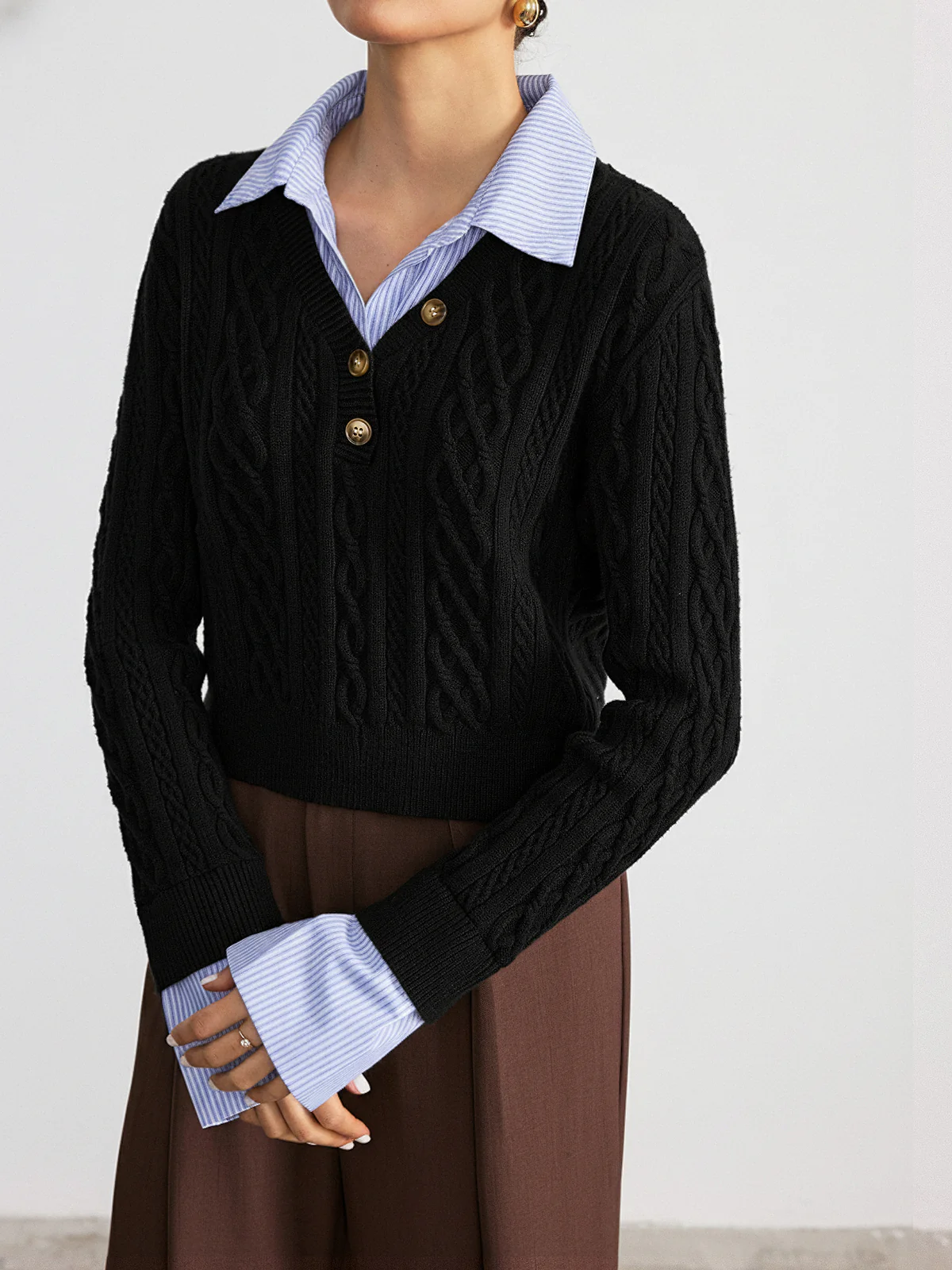 2 in 1 Striped Shirt Panel Cable Knit Top - Image 7