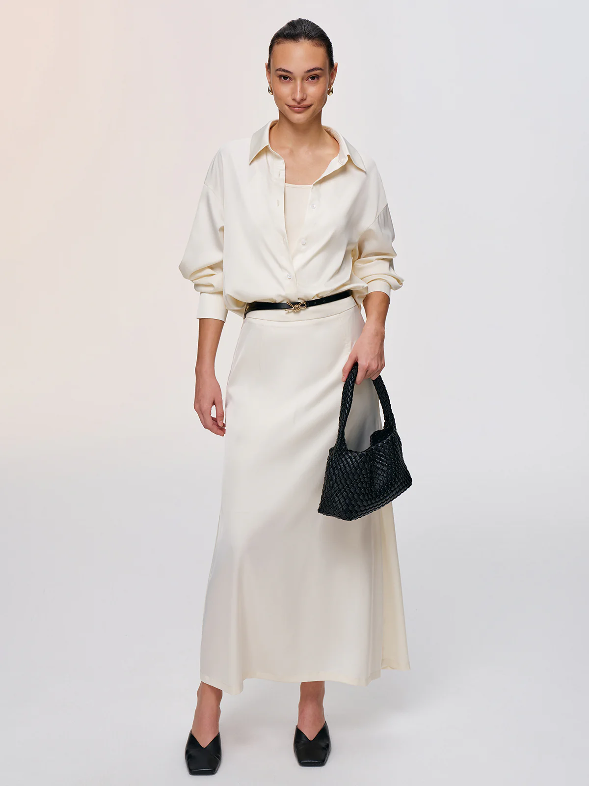 3-Piece Tank Top Satin Shirt Midi Skirt Set