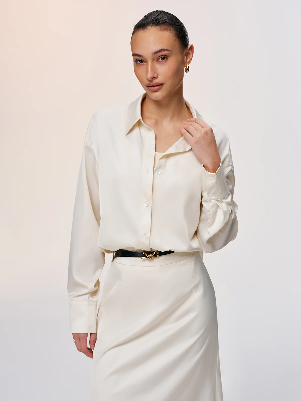 3-Piece Tank Top Satin Shirt Midi Skirt Set - Image 2
