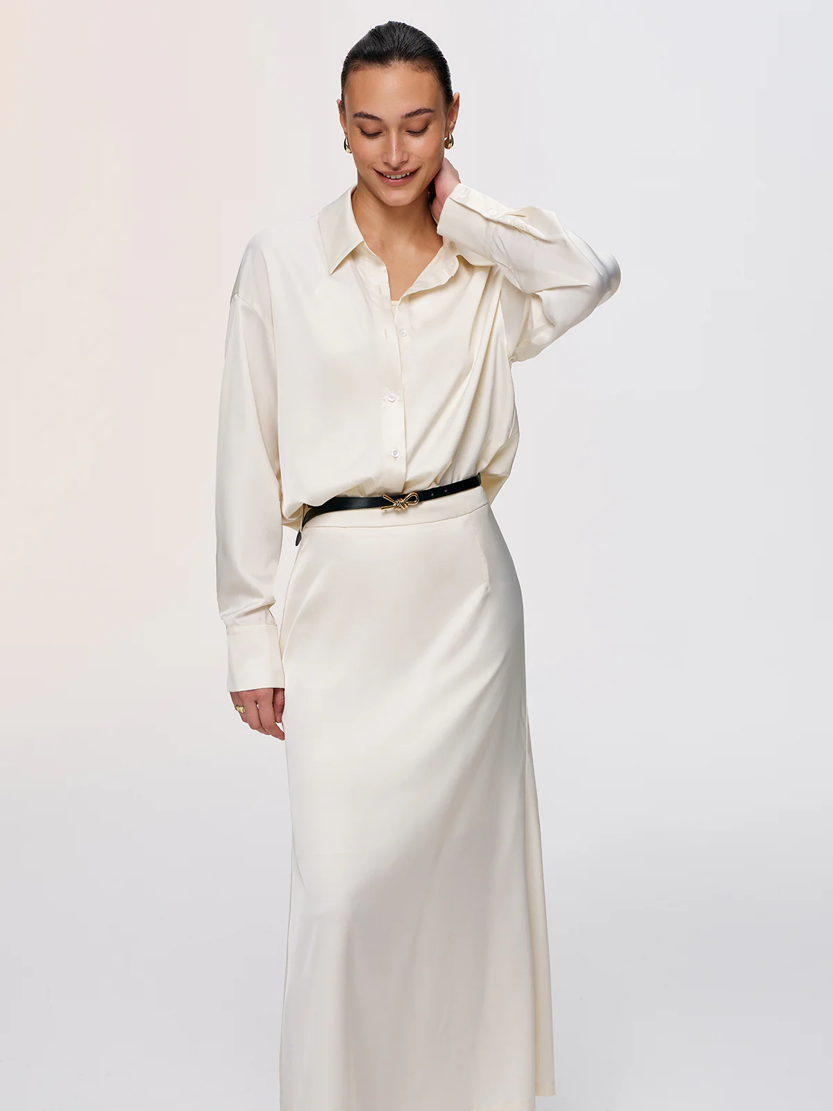3-Piece Tank Top Satin Shirt Midi Skirt Set - Image 5