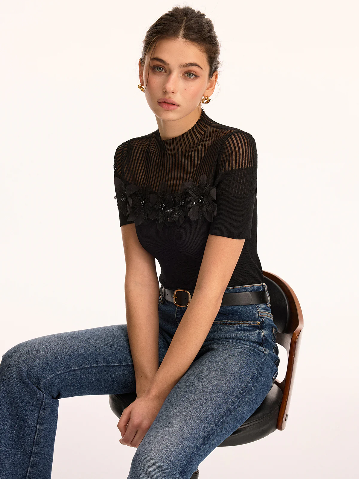 3D Floral Applique Sheer Mock Neck Knit Top - Image 2