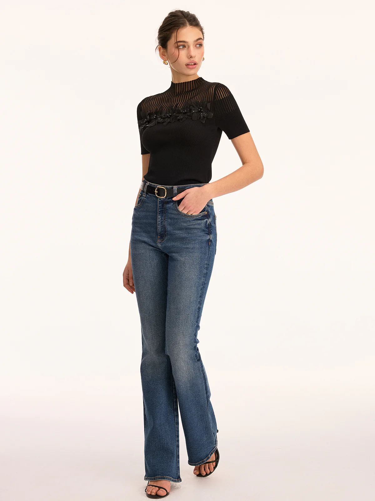 3D Floral Applique Sheer Mock Neck Knit Top - Image 6