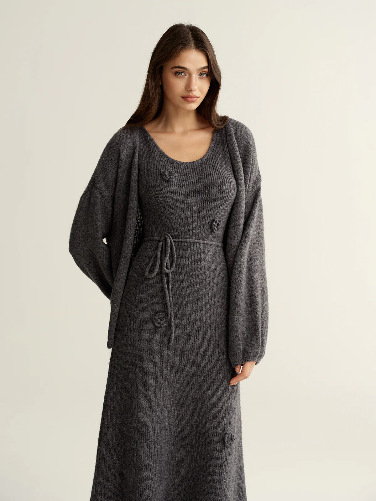 3D Floral Knit Dress & Cardigan Two-Piece Set - Image 4