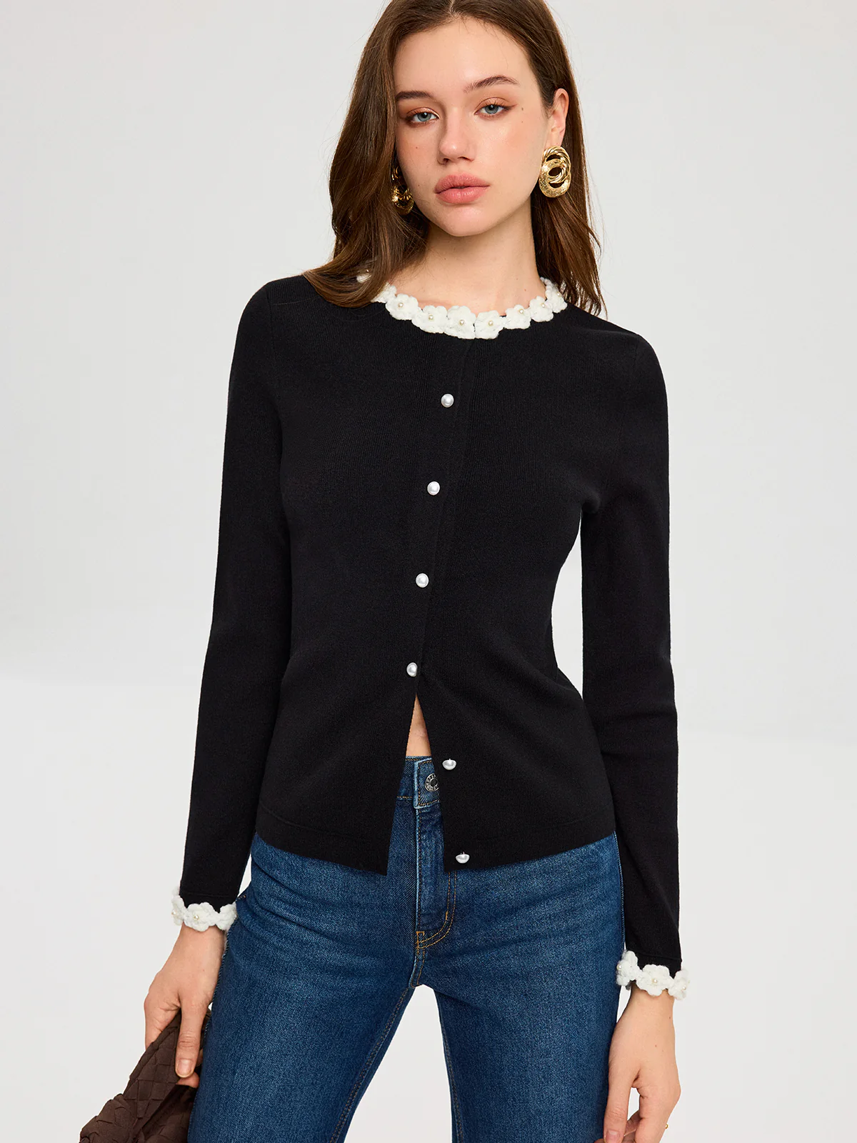 3D Floral Trim Pearl Button Cardigan - Image 2