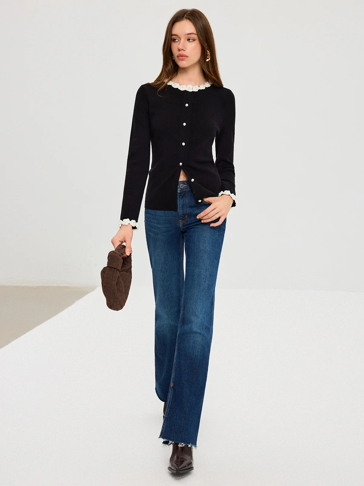 3D Floral Trim Pearl Button Cardigan - Image 3