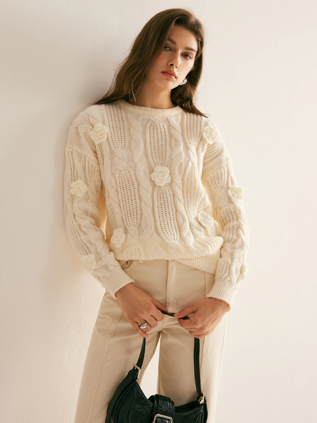 3D Flower Cable-Knit Pullover Sweater - Image 2