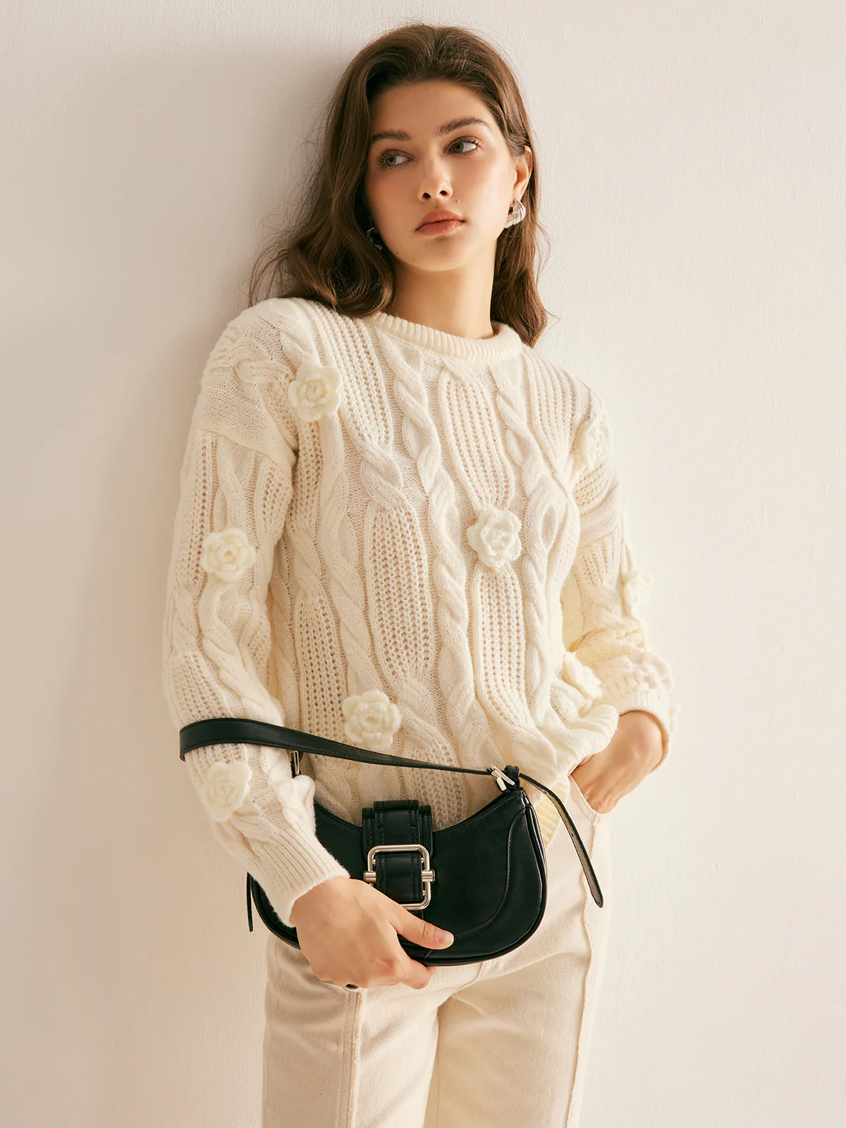 3D Flower Cable-Knit Pullover Sweater - Image 3