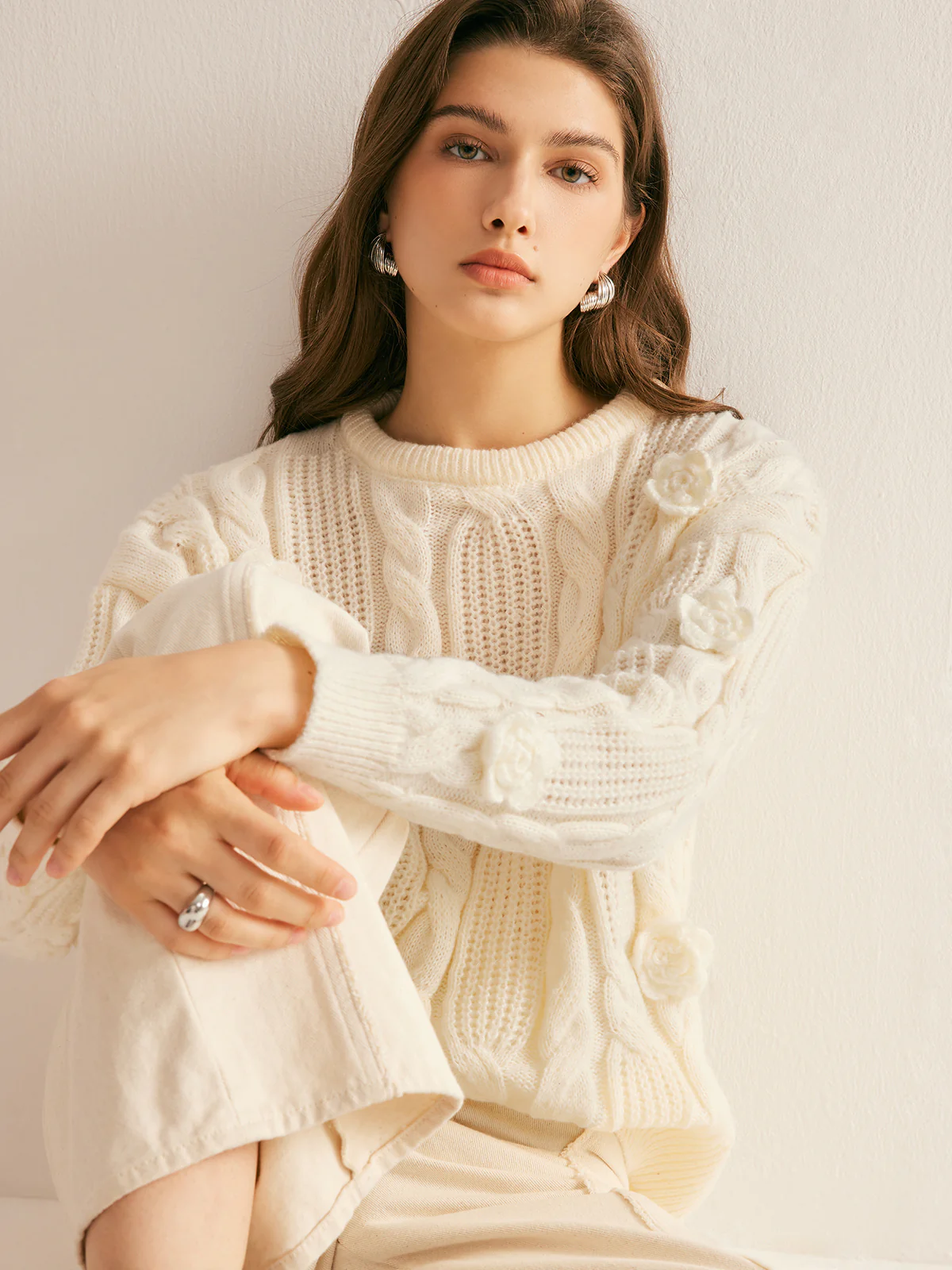 3D Flower Cable-Knit Pullover Sweater - Image 4
