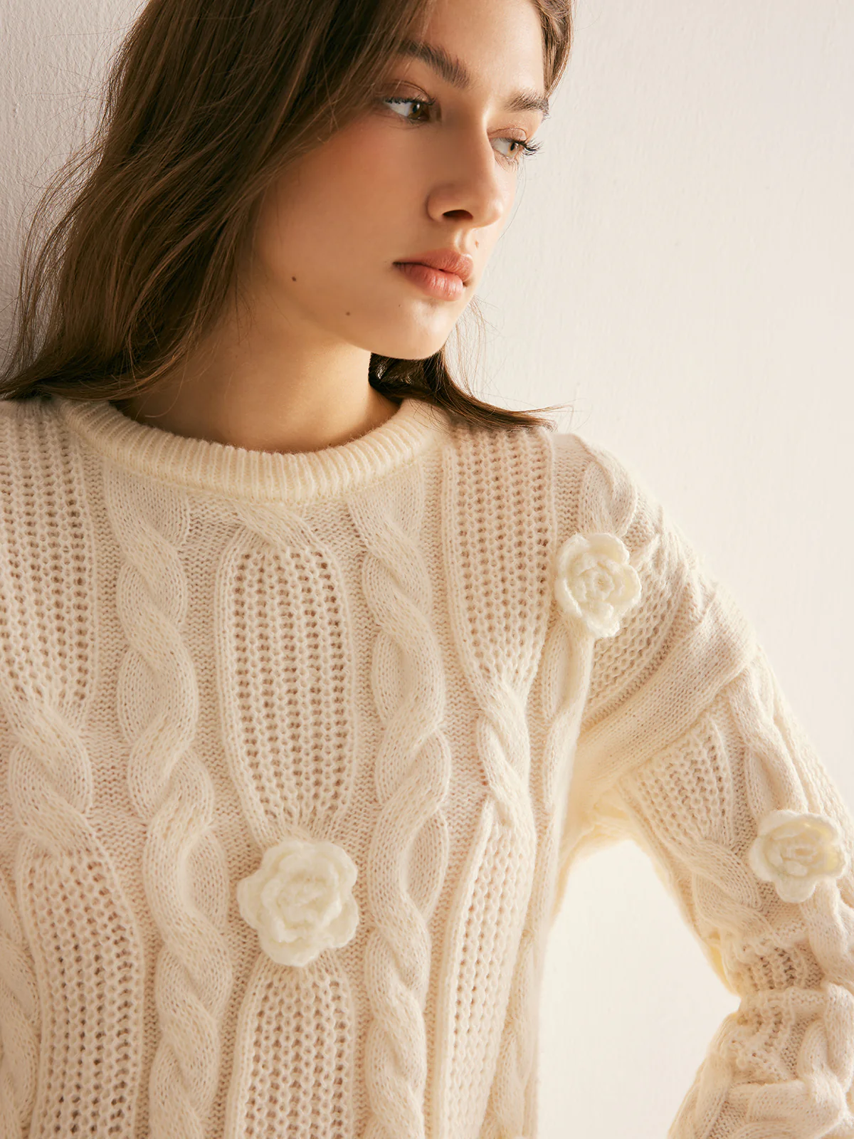 3D Flower Cable-Knit Pullover Sweater - Image 5