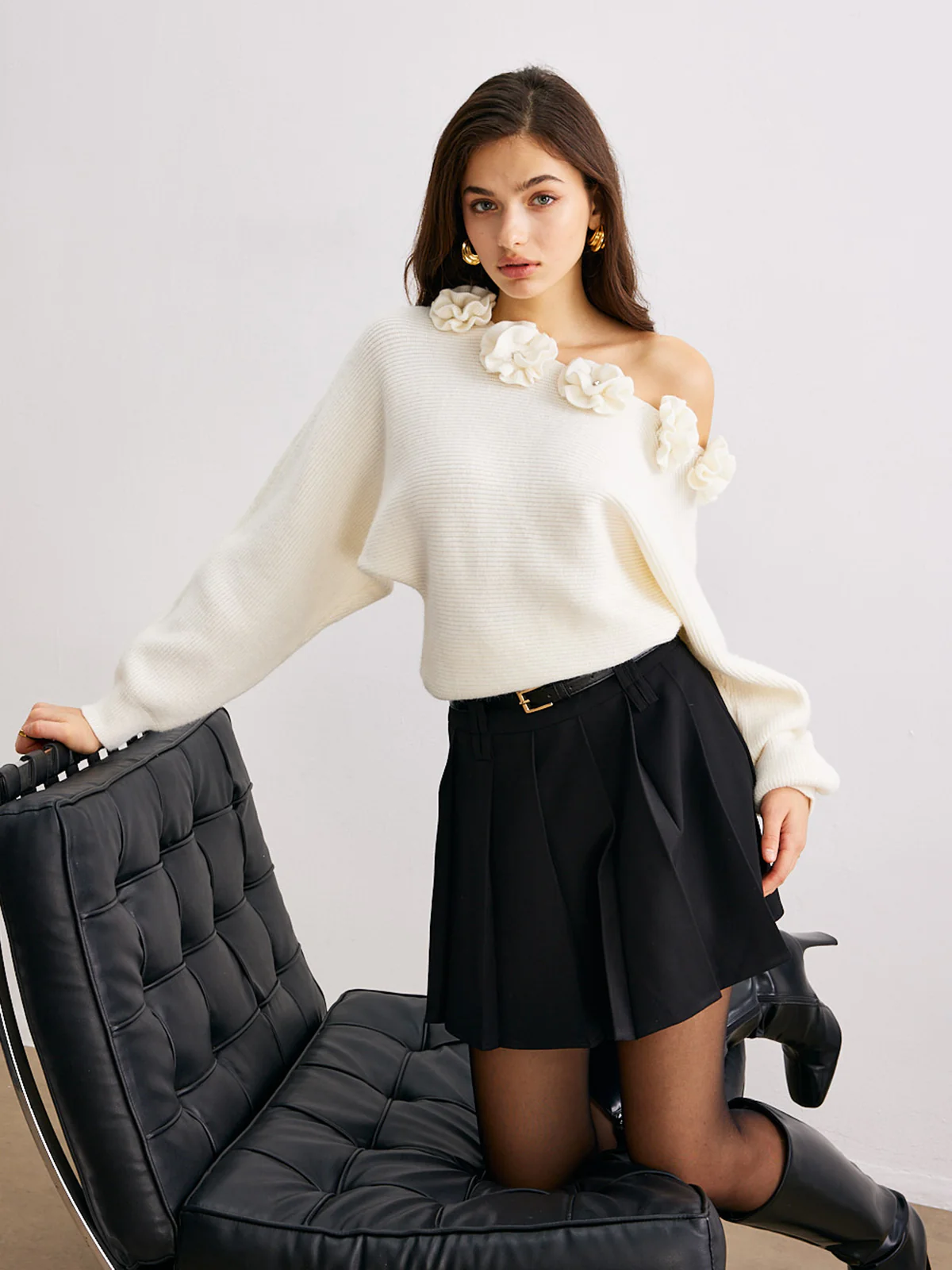 3D Flower Cold-Shoulder Sweater - Image 2