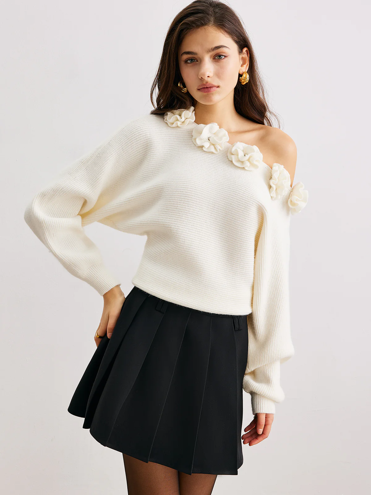 3D Flower Cold-Shoulder Sweater - Image 3