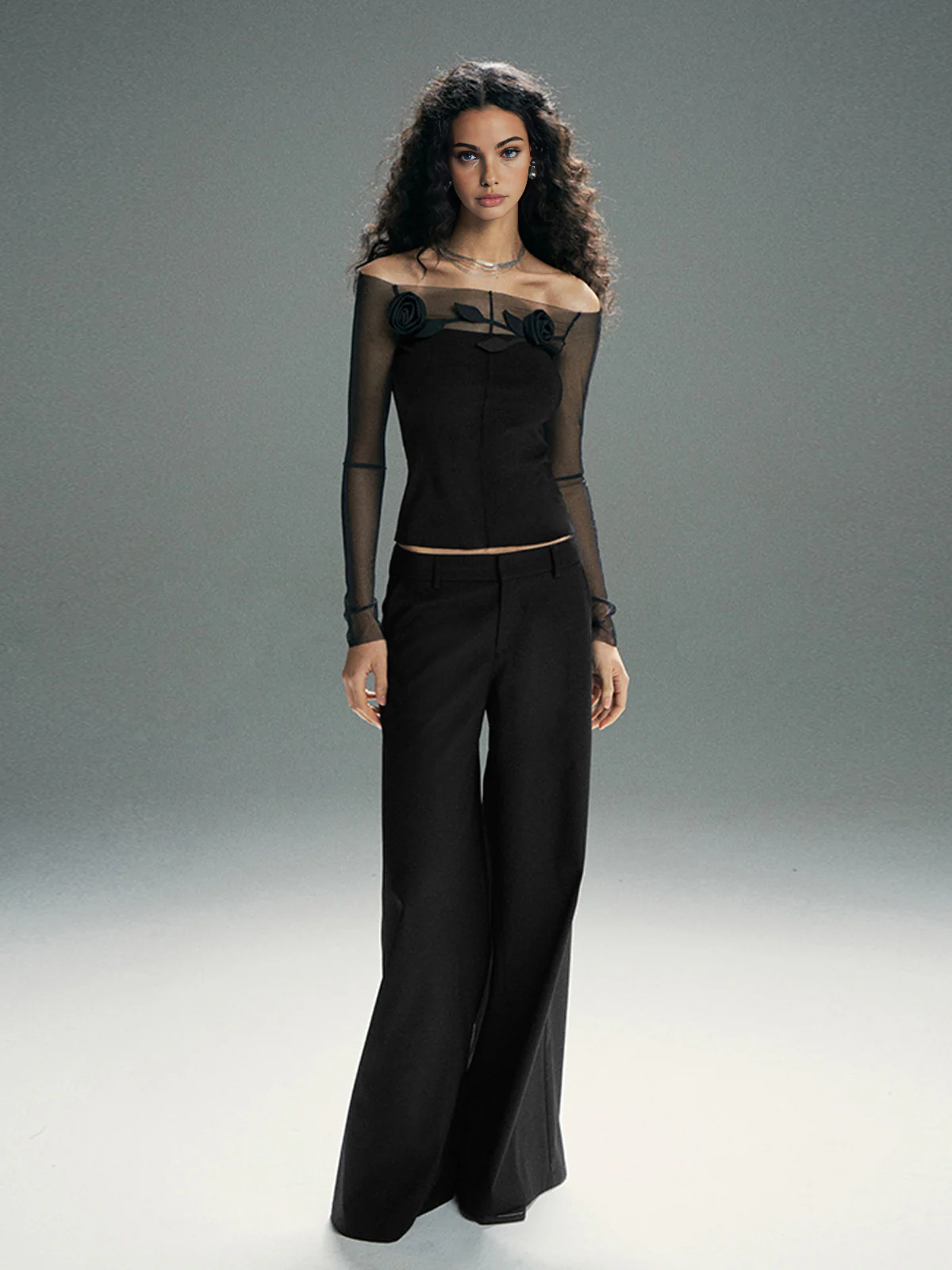 3D Flower Off-Shoulder Sheer Mesh Panel T-Shirt - Image 4