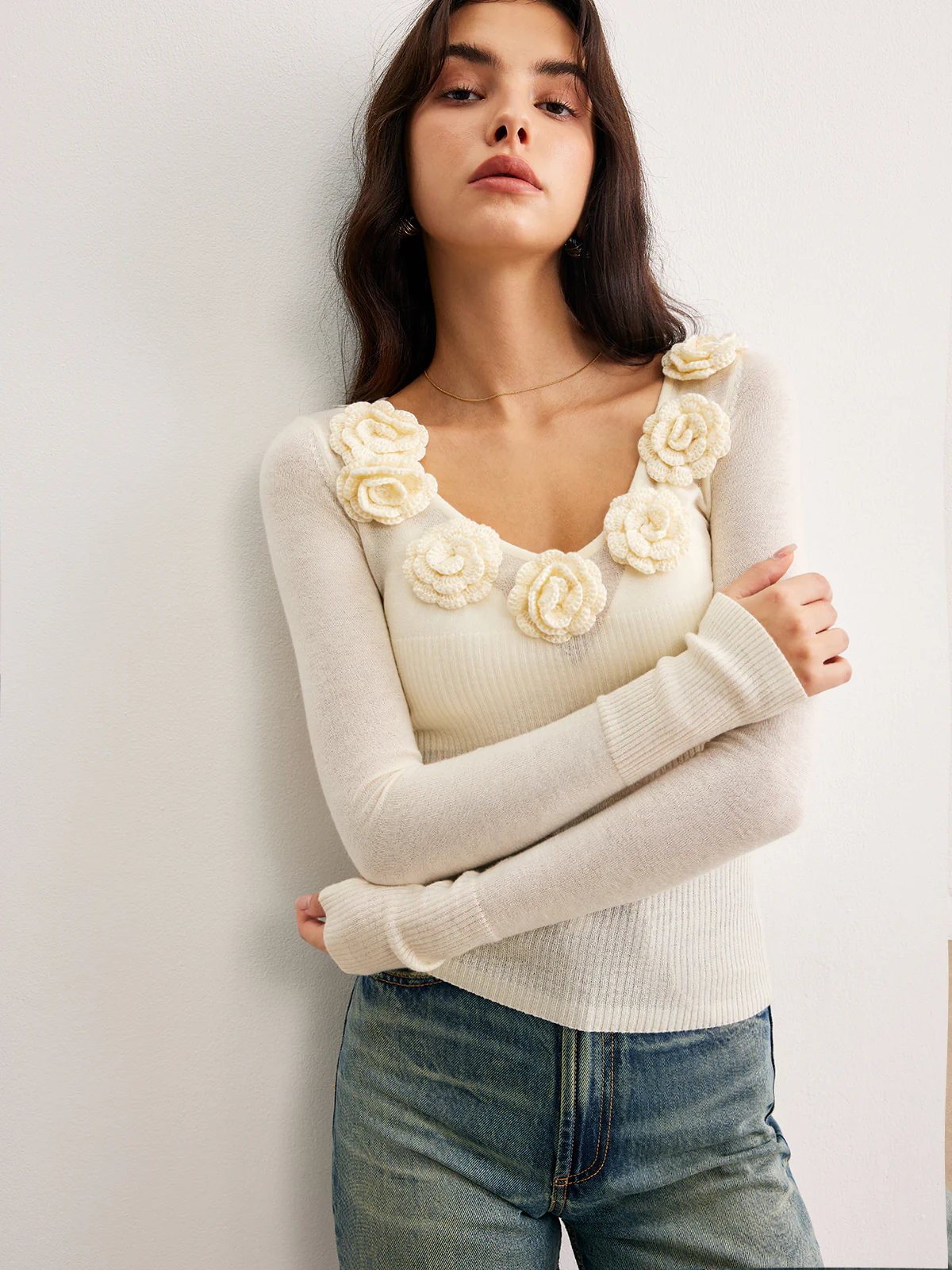 3D Flower Semi-Sheer Knit Top - Image 2