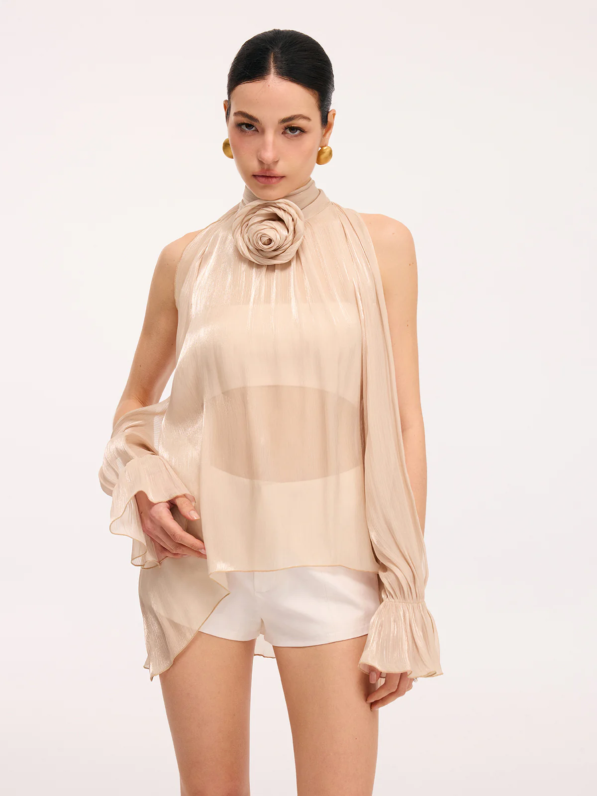 3D Rose Halter Neck Bell Sleeve Sheer Blouse - Image 5