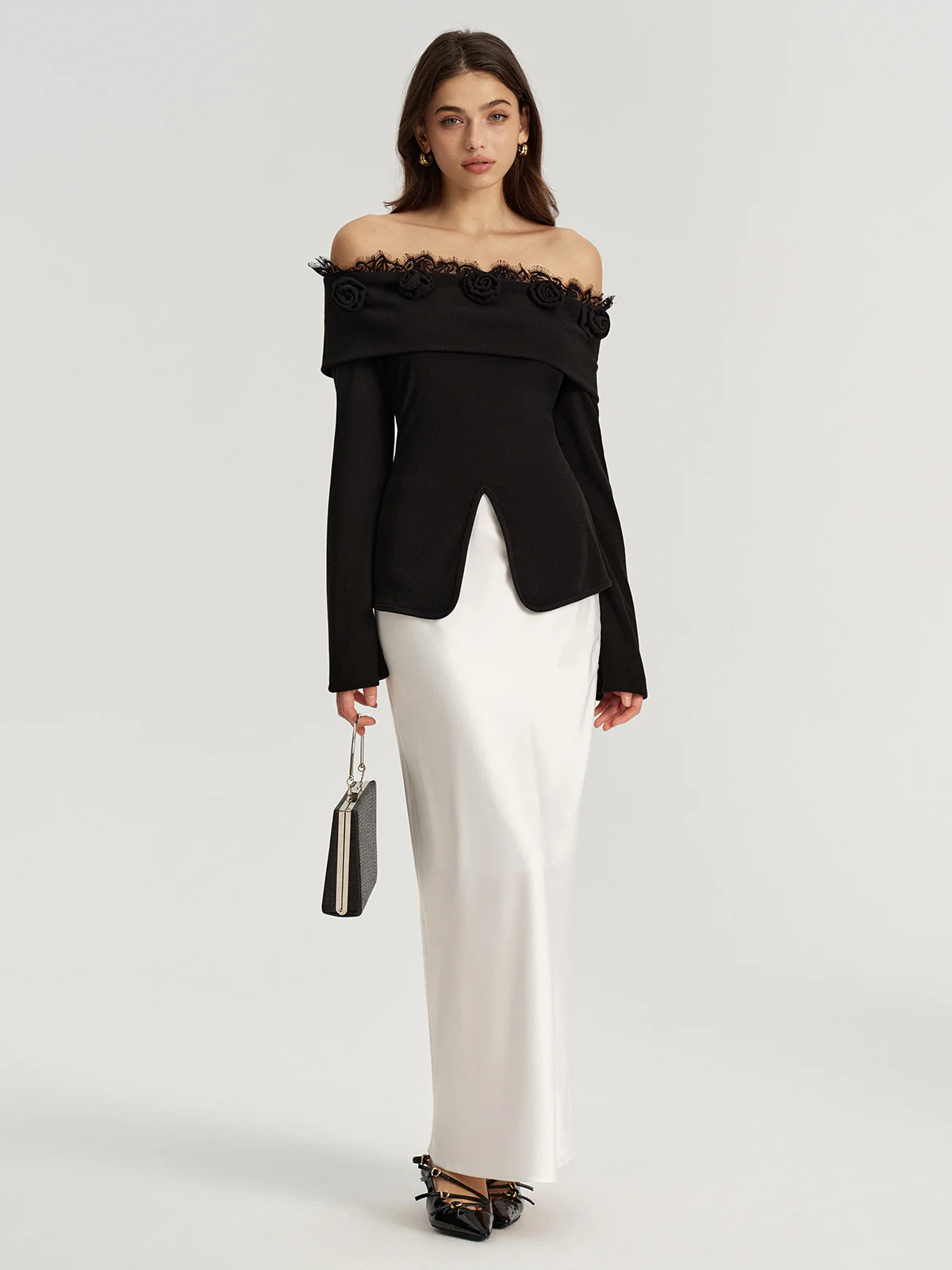 3D Rose Lace Trim Off-Shoulder Top - Image 5