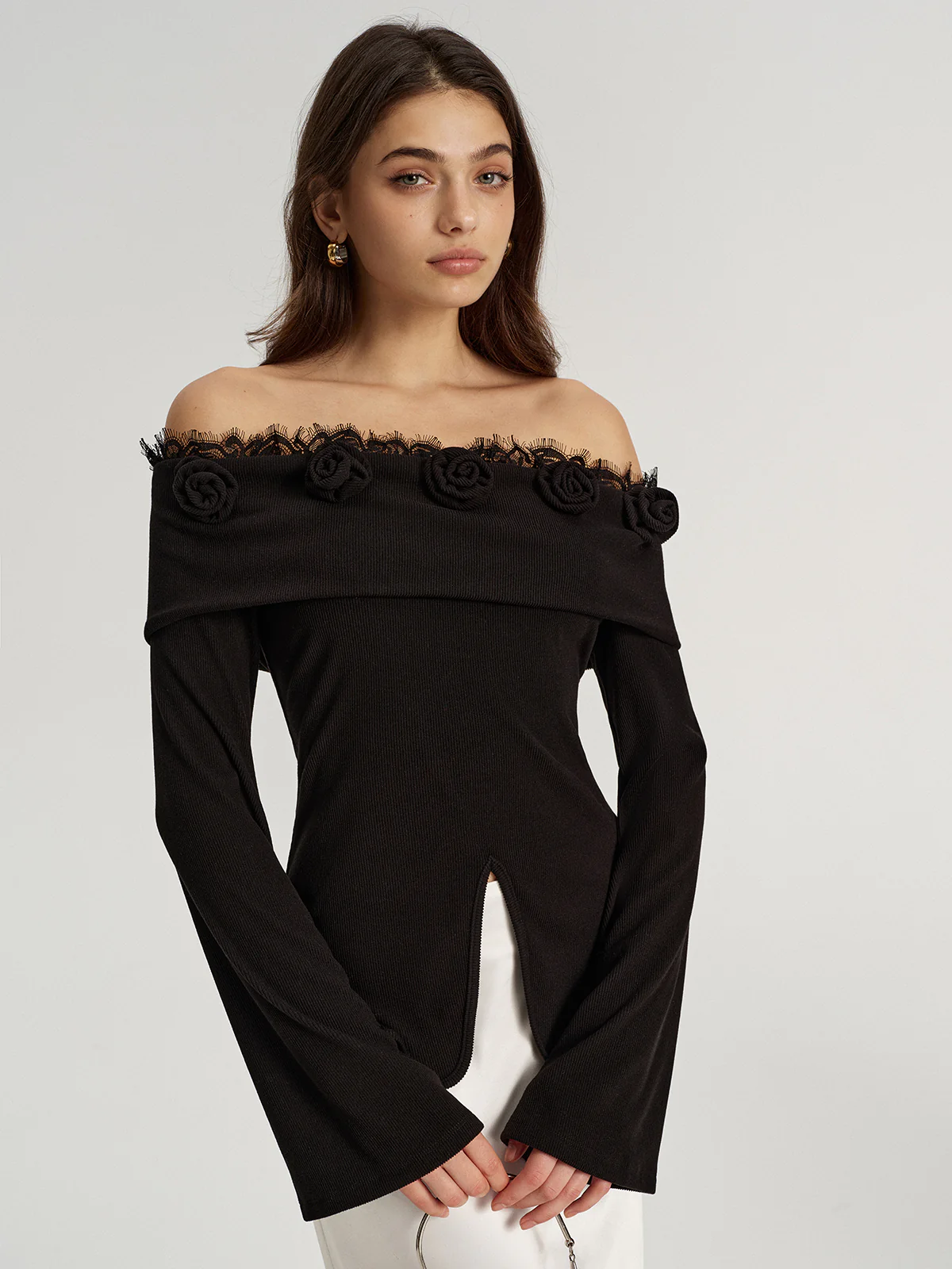 3D Rose Lace Trim Off-Shoulder Top - Image 6