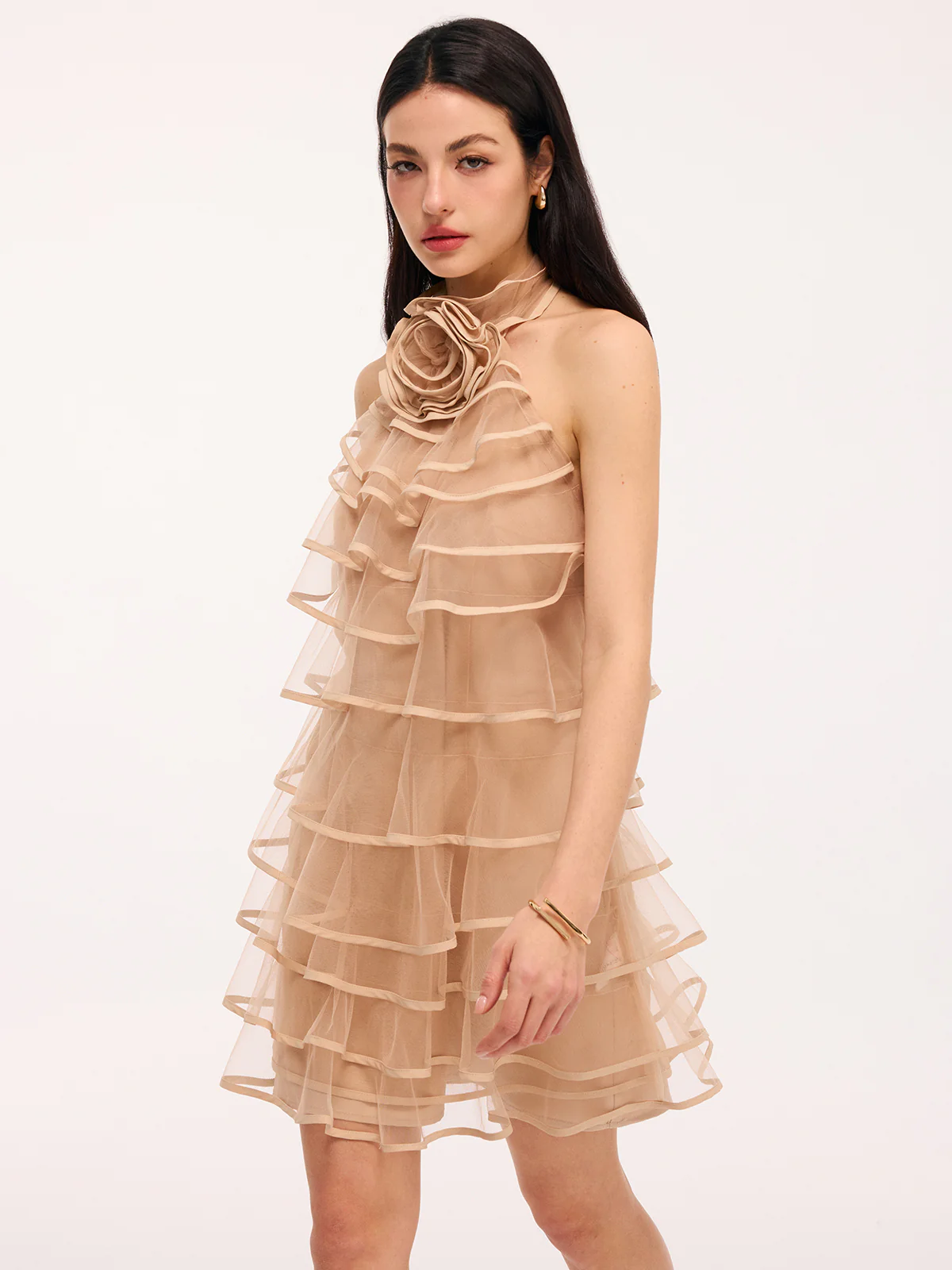 3D Rose Layered Tulle Ruffled Halter Mini Dress - Image 2