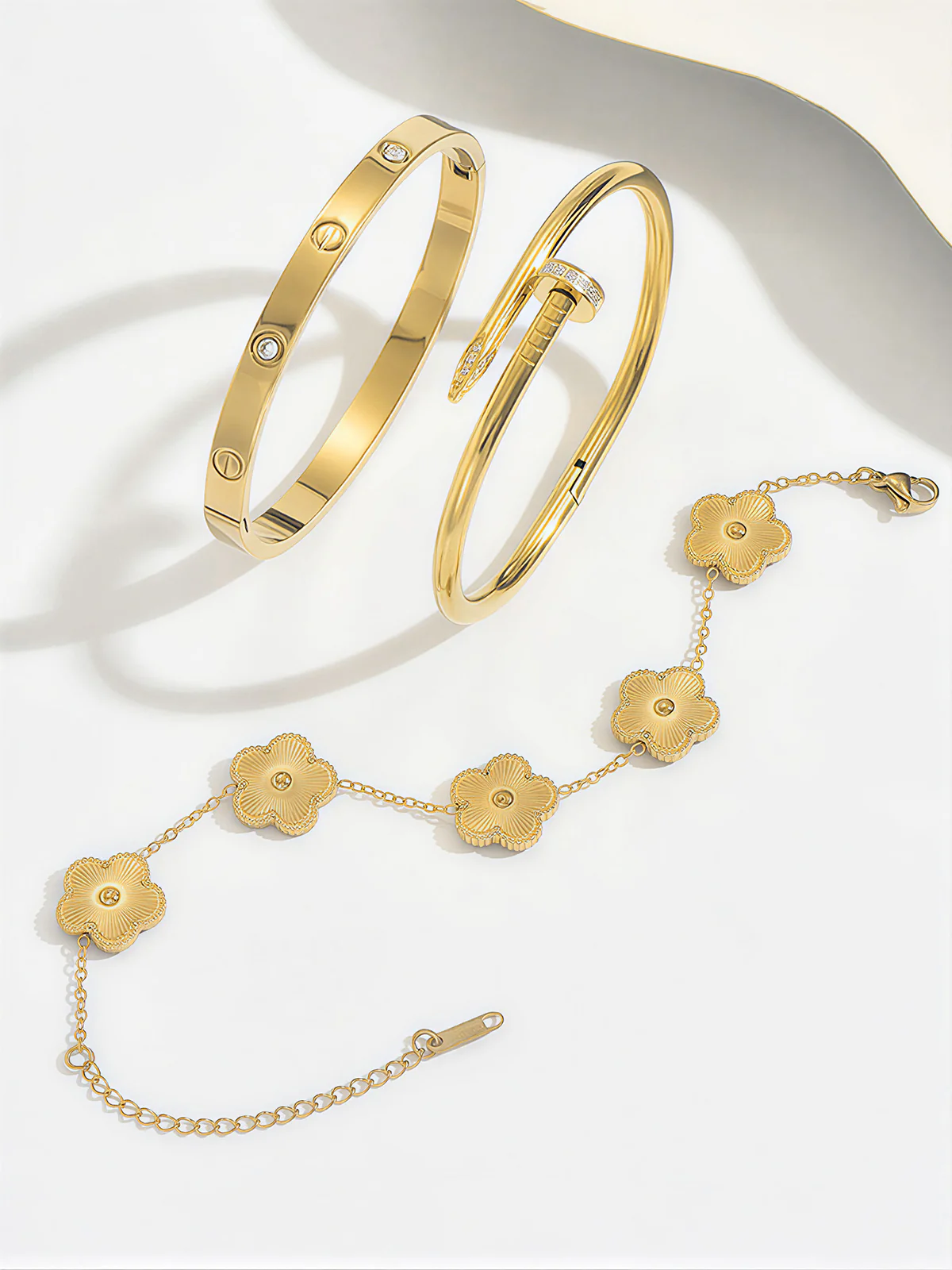 3pcs Screw & Nail & Clover Bracelet Set - Image 2