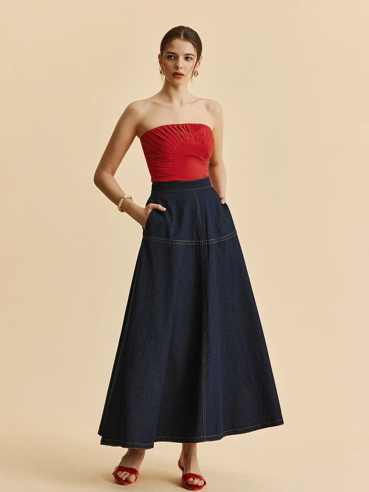 A-Line Denim Skirt With Side Pockets - Image 2