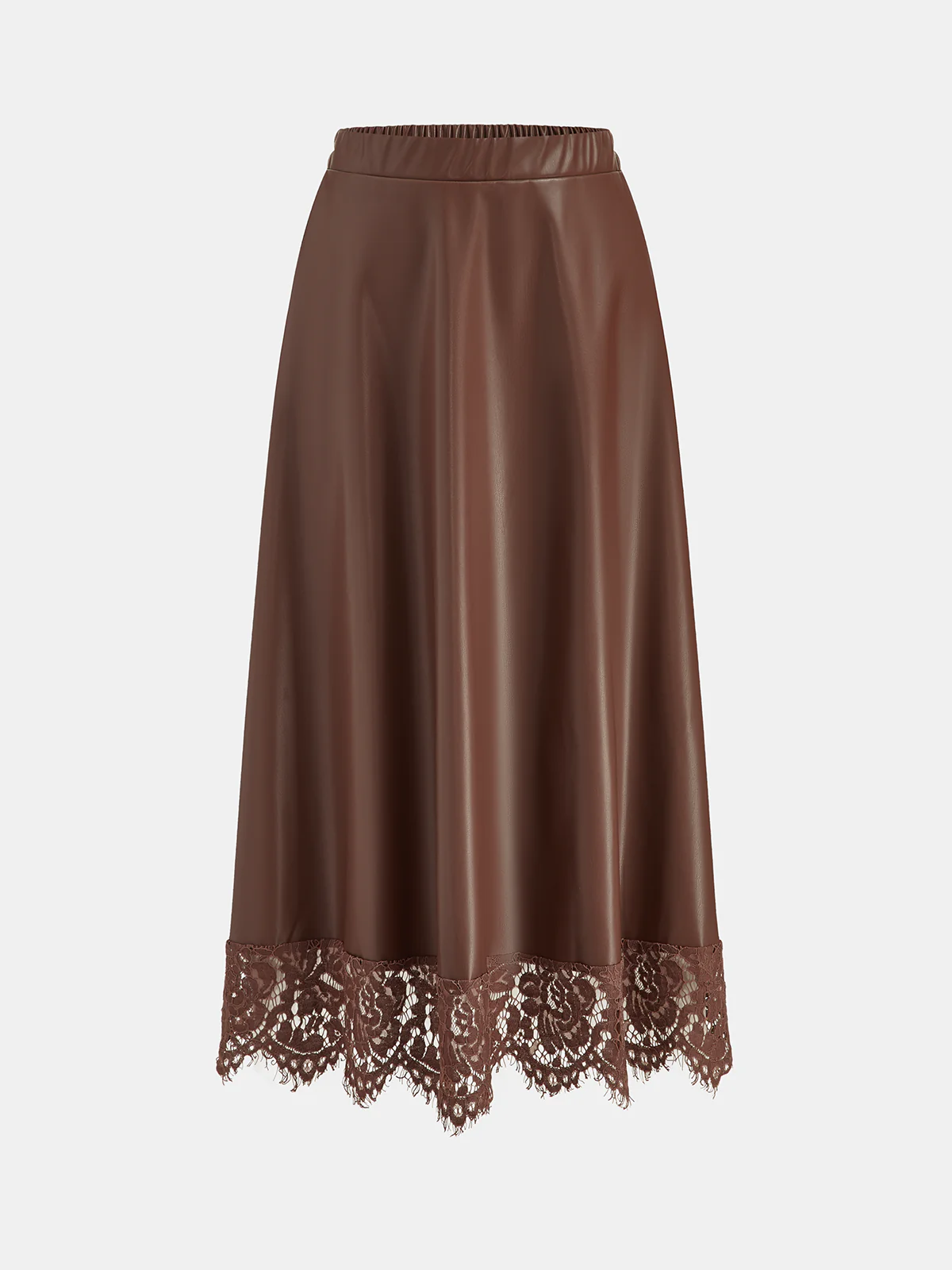 A-Line Lace Trim Faux Leather Midi Skirt