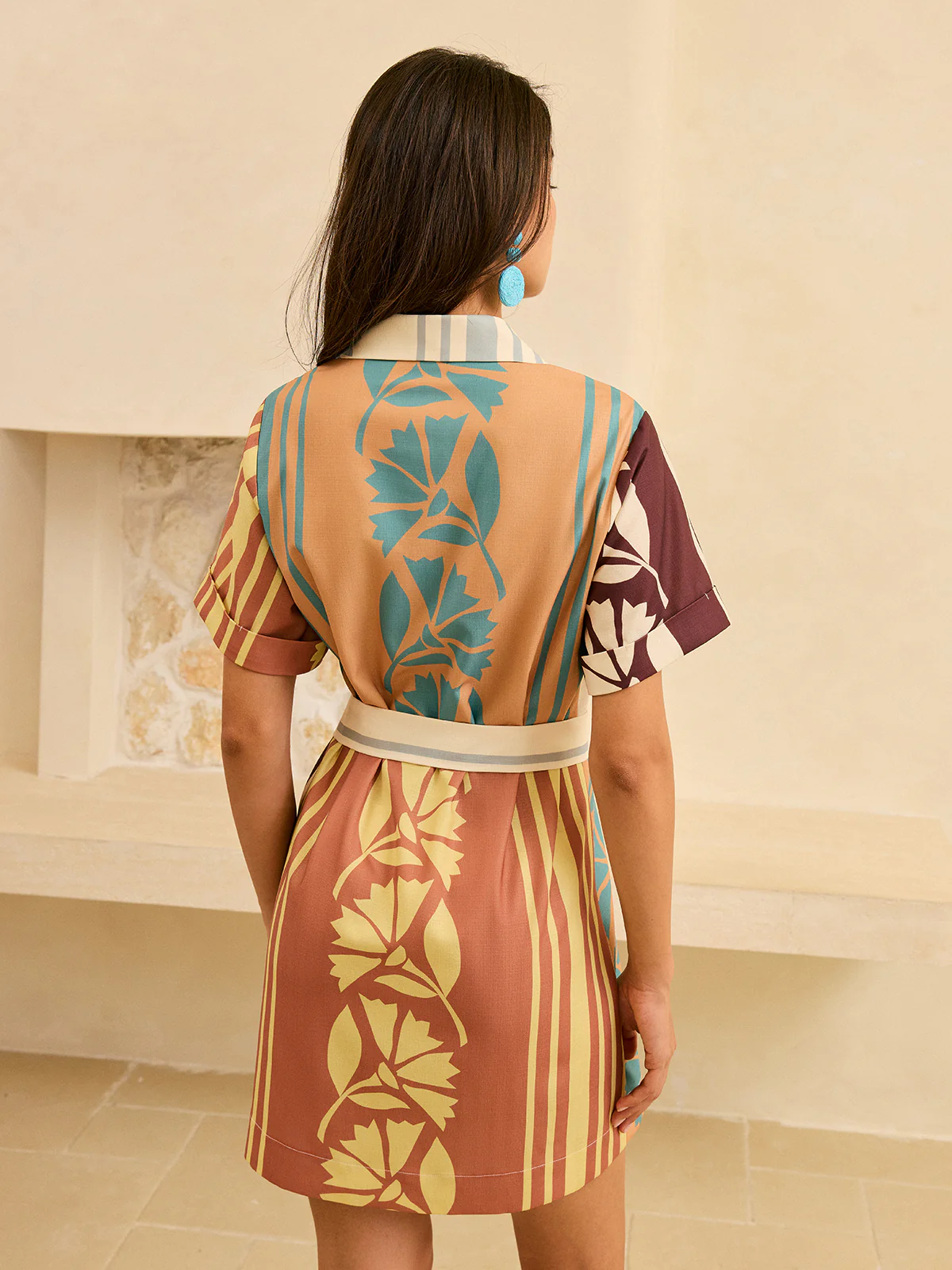 Abstract Print Belted Striped Dress - Image 6