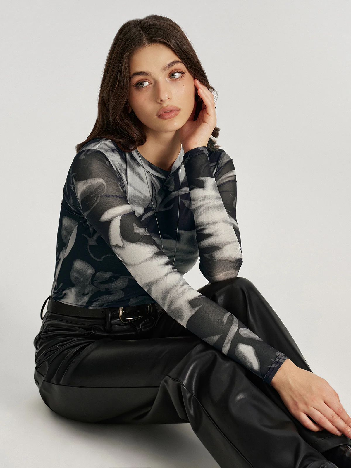 Abstract Print Semi-Sheer Long-Sleeve Top - Image 4