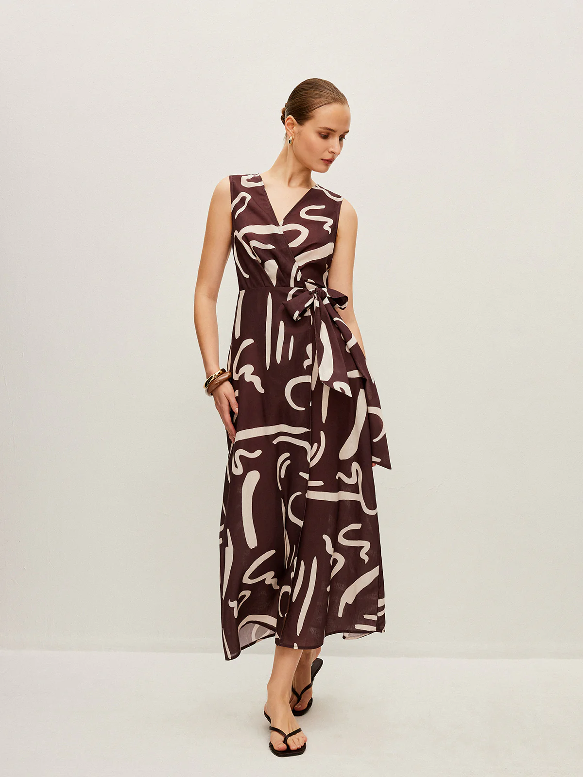 Abstract Print Wrap Dress With Tie Waist - Image 4