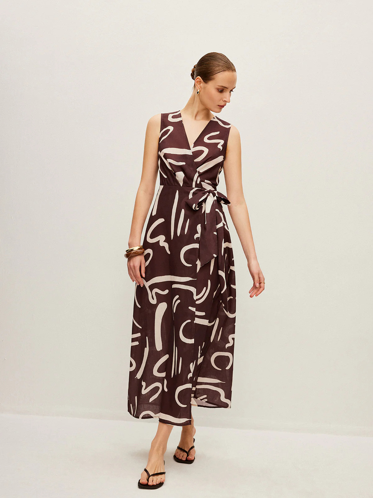 Abstract Print Wrap Dress With Tie Waist - Image 5