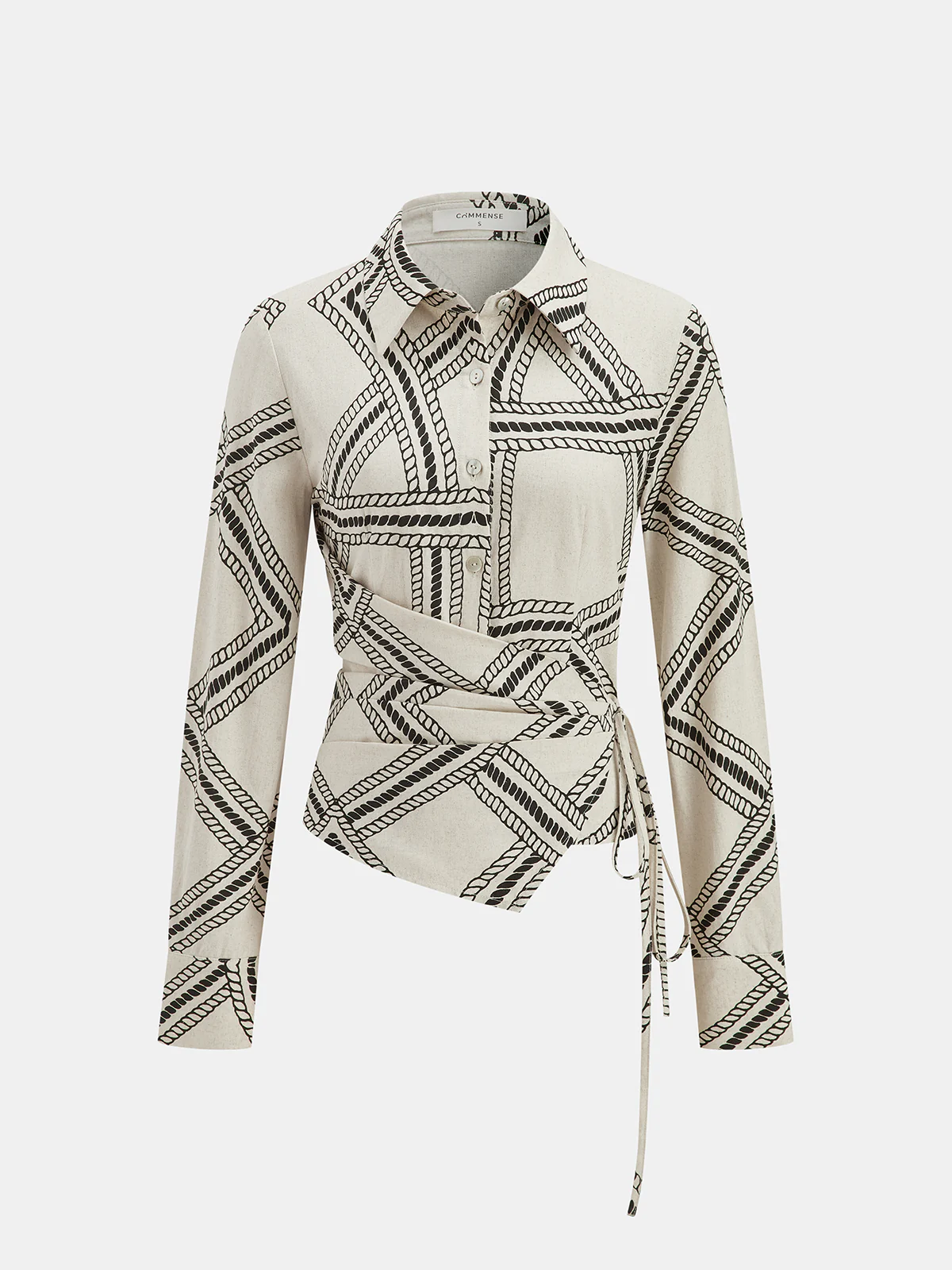 Abstract-Print Wrap-Tie Long-Sleeve Shirt
