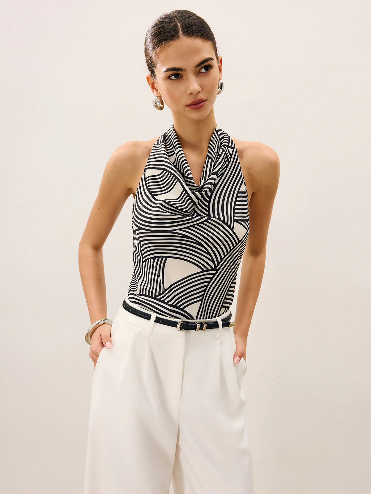 Abstract Stripe Print Cowl Neck Halter Top - Image 4