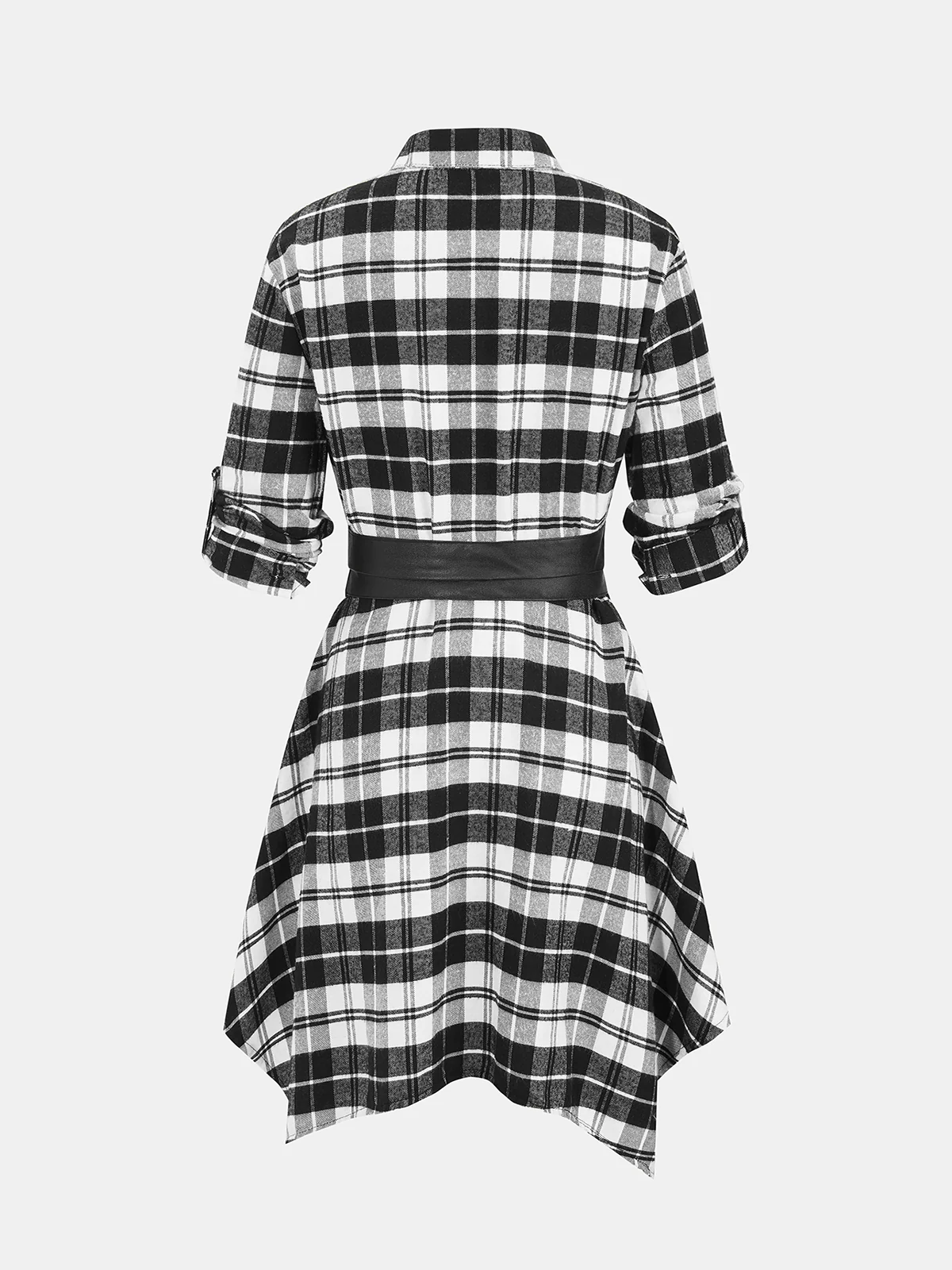 Adjustable Sleeve Waist-Cincher Plaid Shirt Dress - Image 2