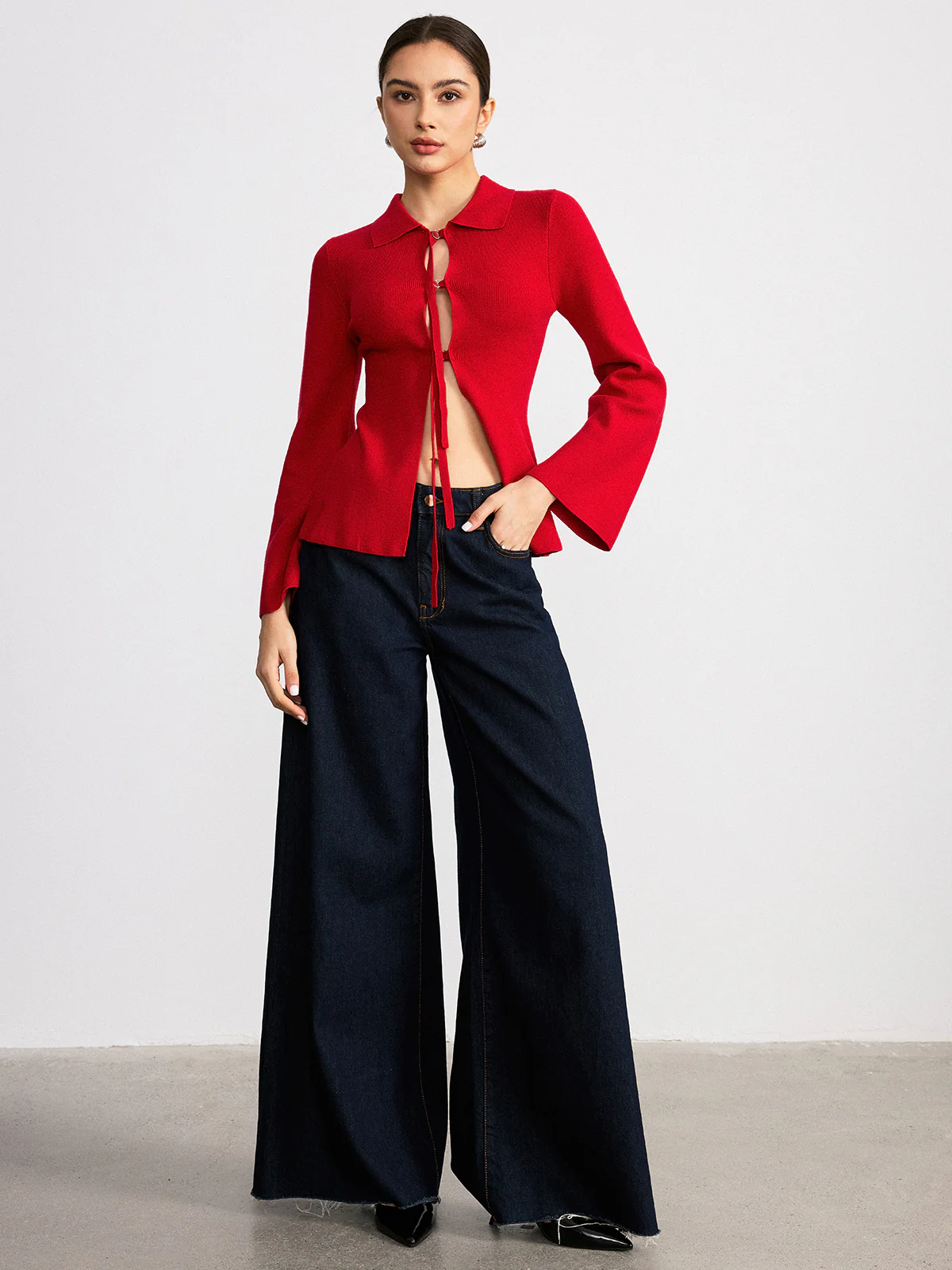 Adjustable Tie Detail Collared Knit Top - Image 2