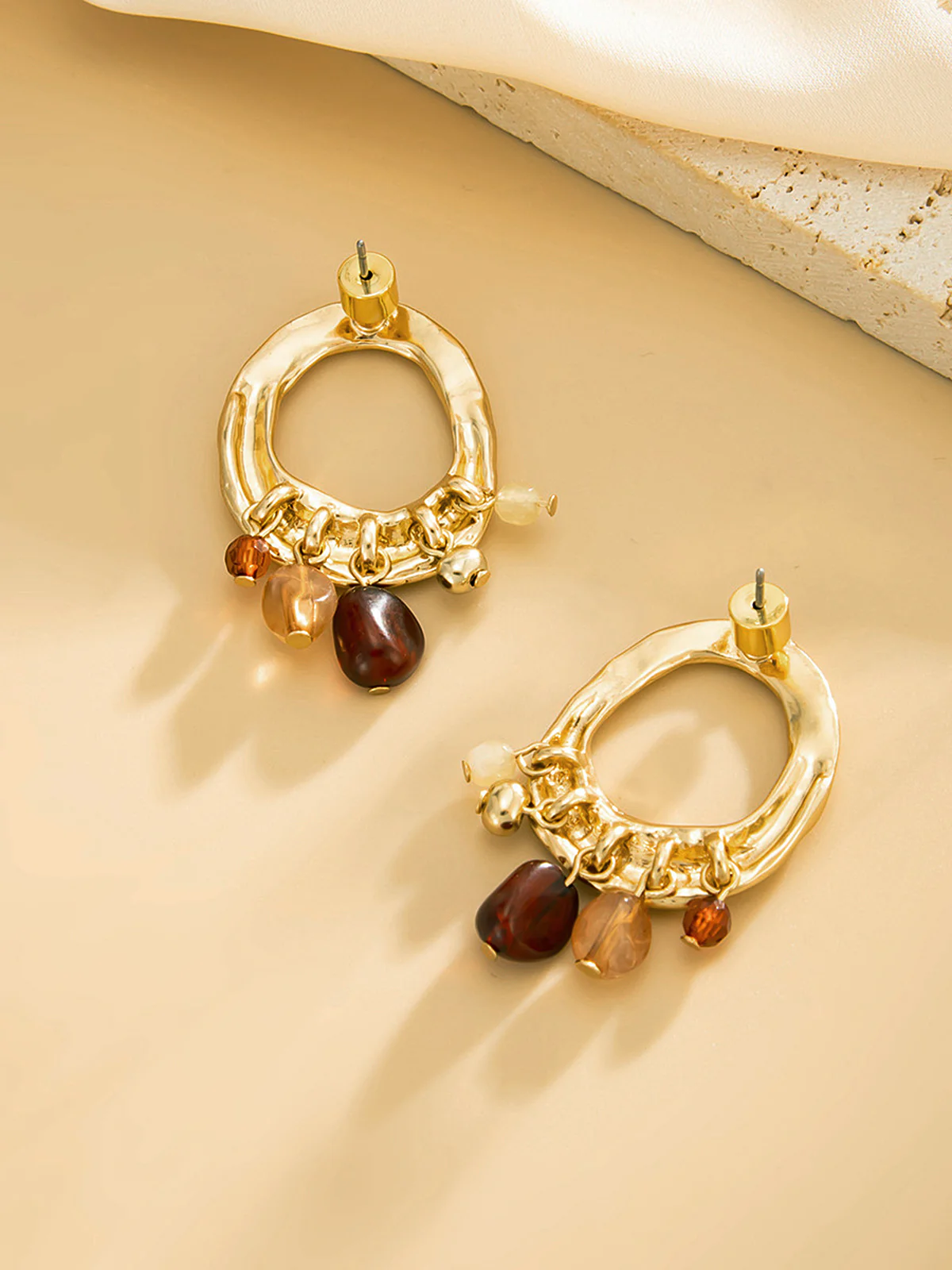 Amber Bead Tassel Hammered Hoop Earrings - Image 3