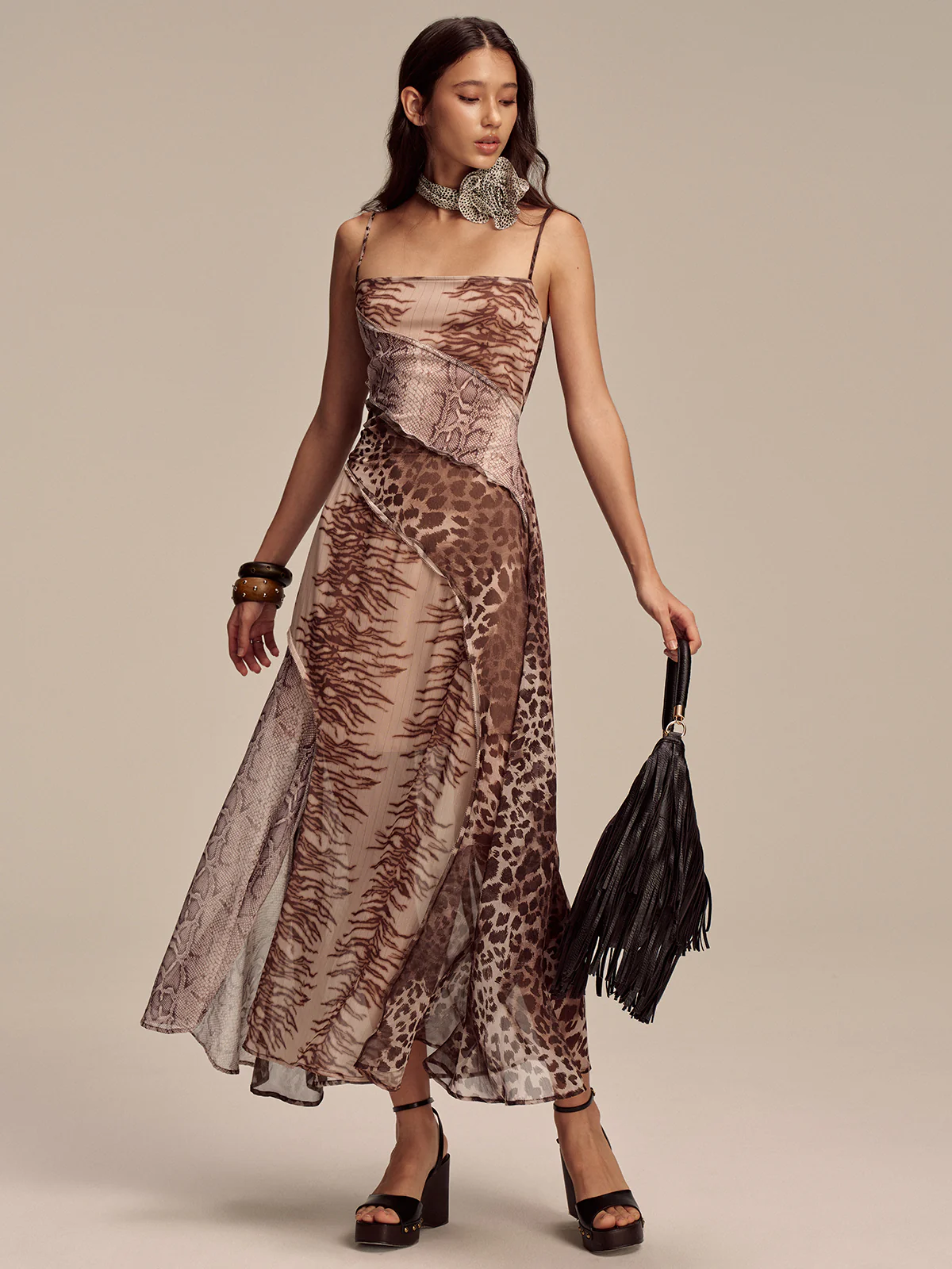 Animal Print Panel Semi-Sheer Mesh Maxi Dress - Image 3